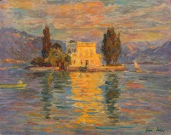 Reflections - Sunset - Impressionist Oil, Lake in Landscape by Henri Duhem