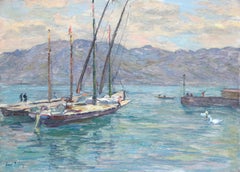 Sailing-Lac Geneva, Vevey - 19th Century Oil, Boats on Lake by Mountains - Duhem