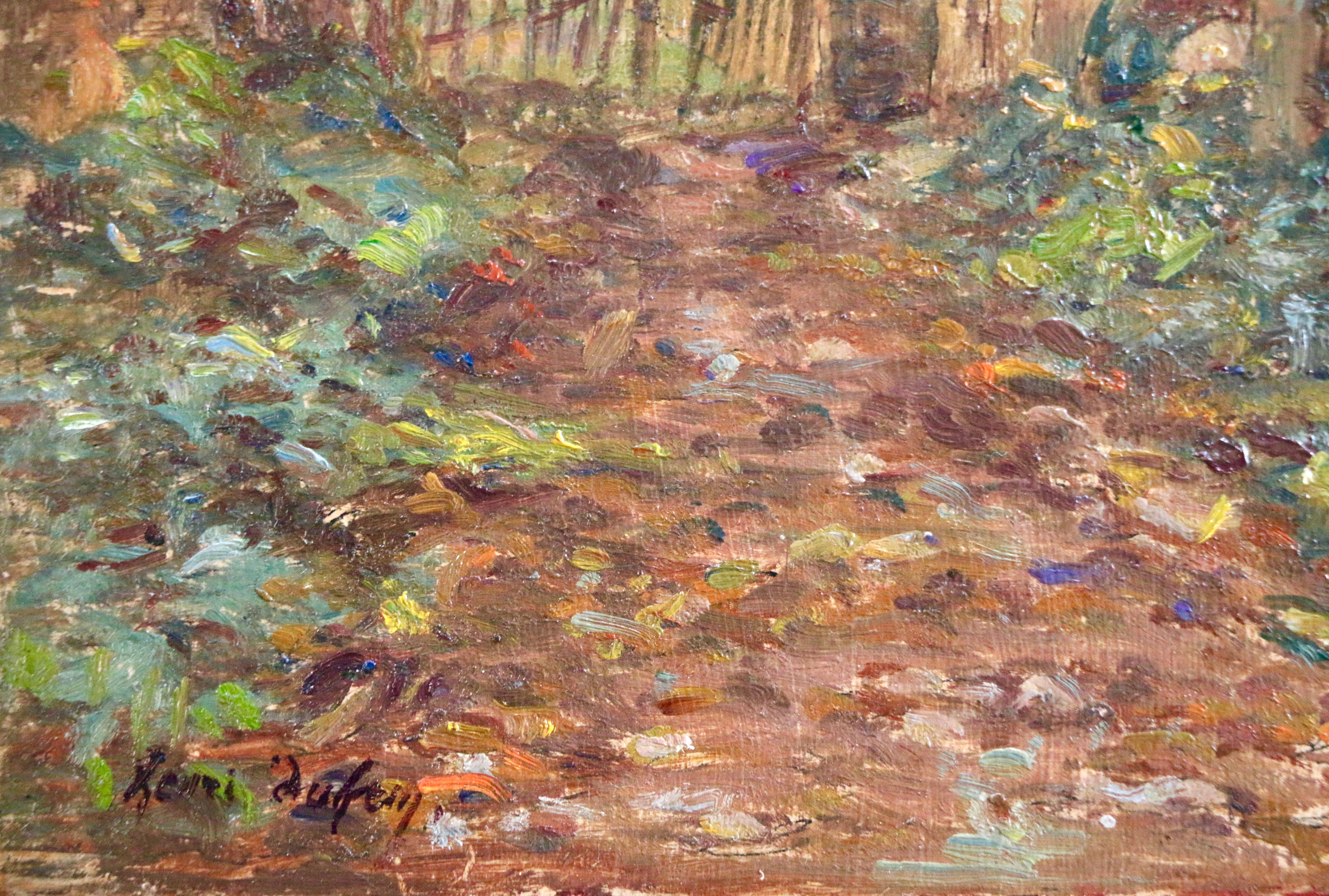 Saint-Jean-Lespinasse - Huile du 19e siècle, paysage de village français par H Duhem - Marron Landscape Painting par Henri Duhem