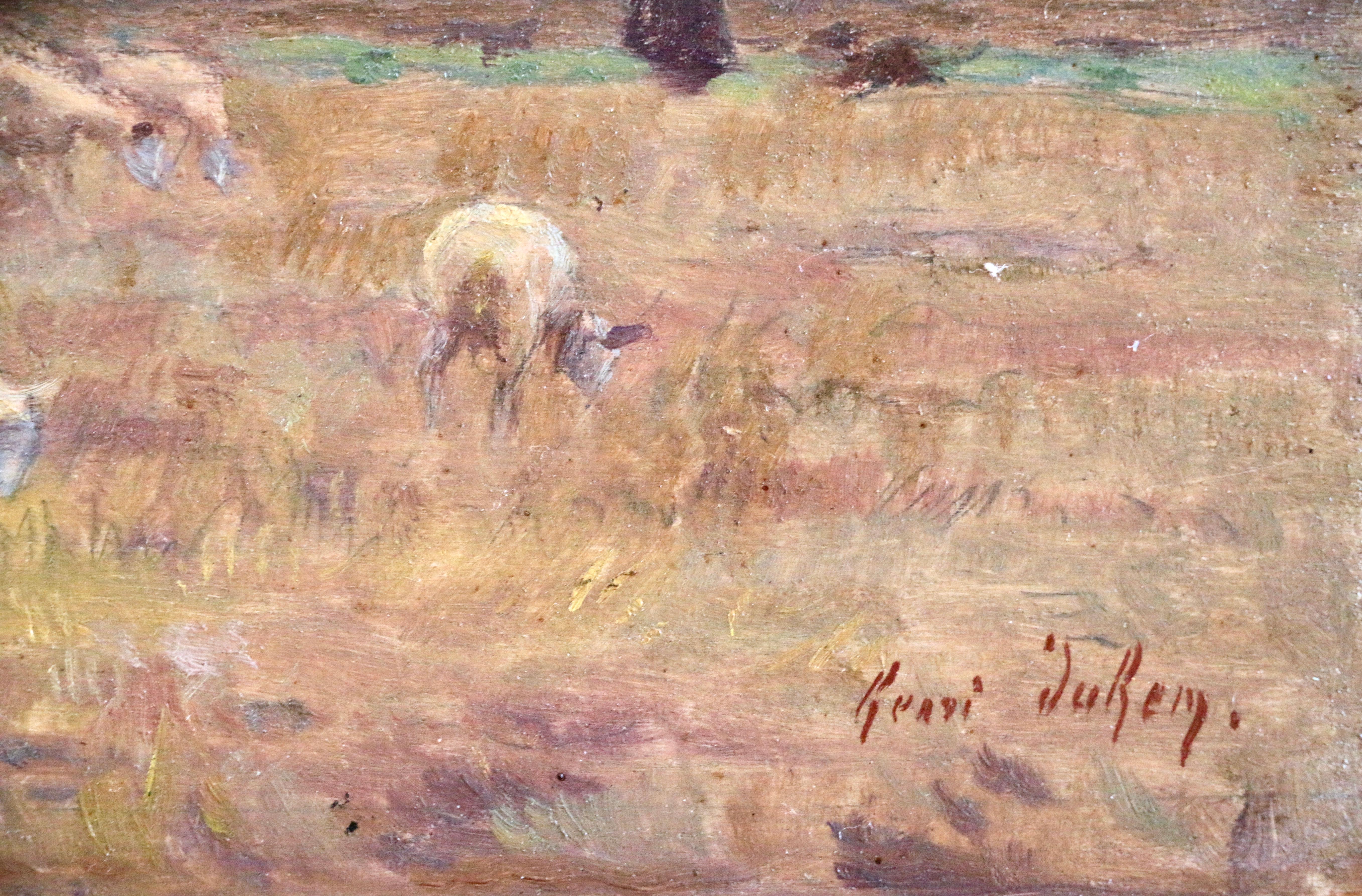 Shepherd and his Flock - 19th Century Oil, Sheep & Figure in Landscape by Duhem – Painting von Henri Duhem