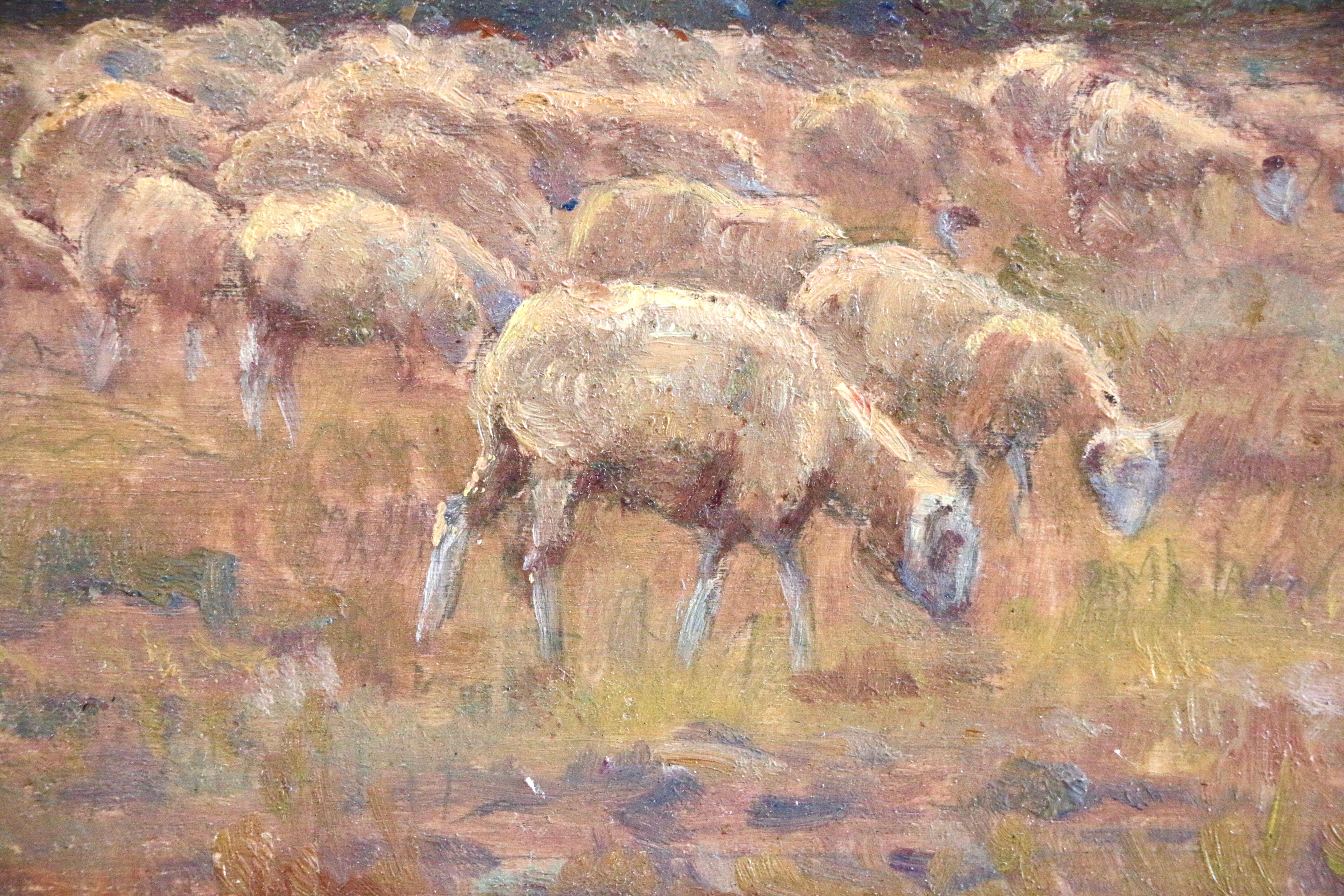 Shepherd and his Flock - 19th Century Oil, Sheep & Figure in Landscape by Duhem (Impressionismus), Painting, von Henri Duhem