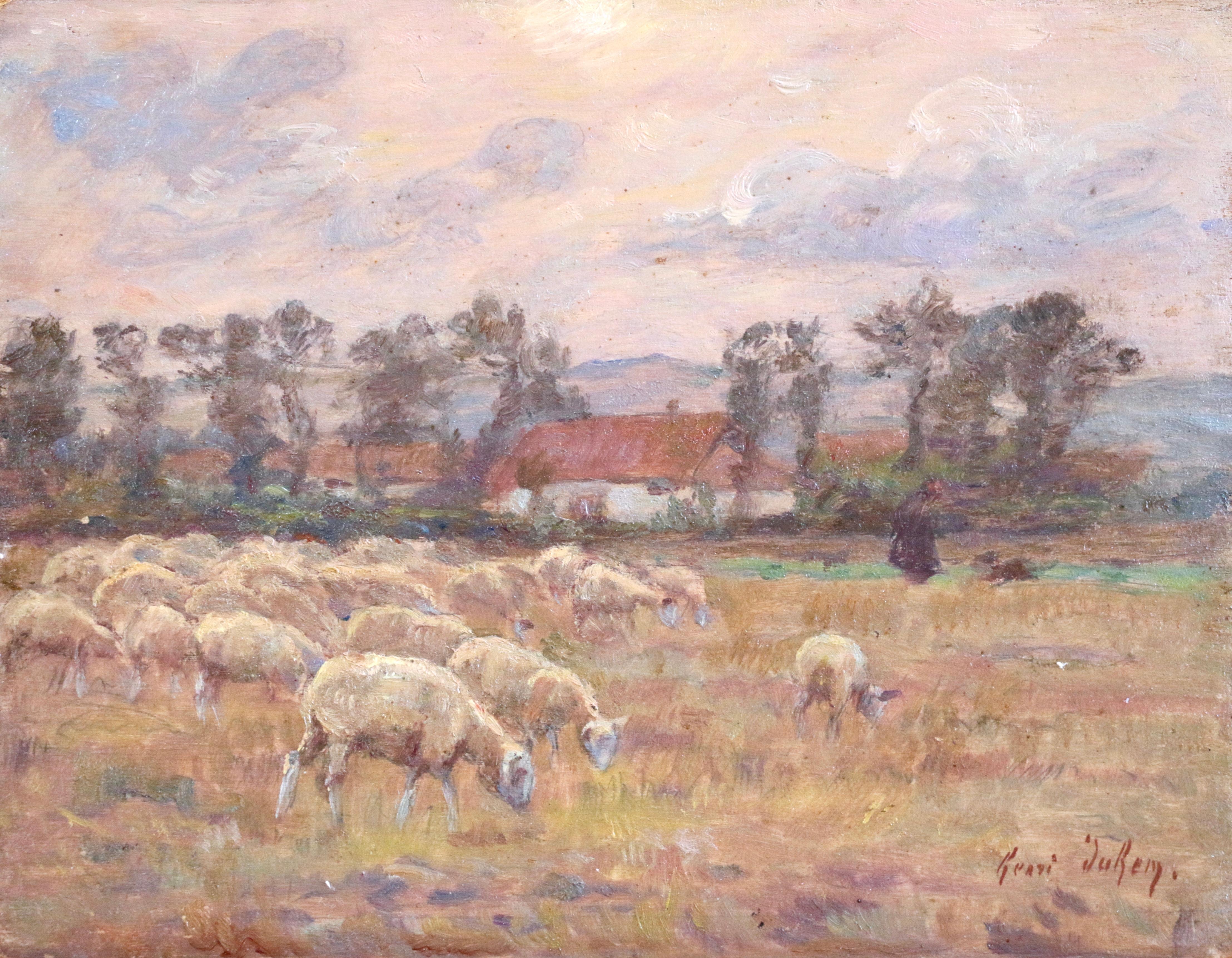 Henri Duhem Landscape Painting – Shepherd and his Flock - 19th Century Oil, Sheep & Figure in Landscape by Duhem