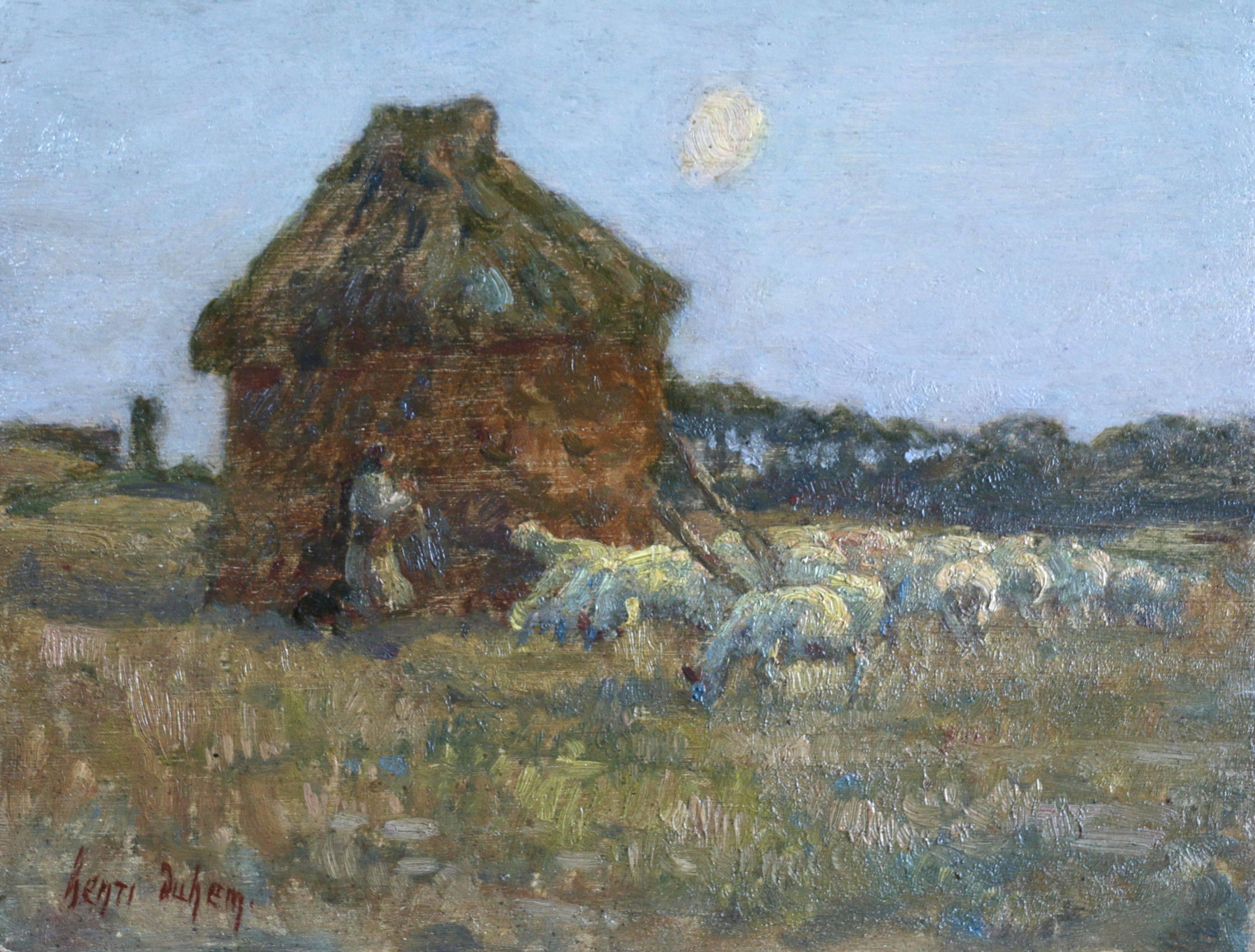 Henri Duhem Landscape Painting - Shepherd at Moonrise