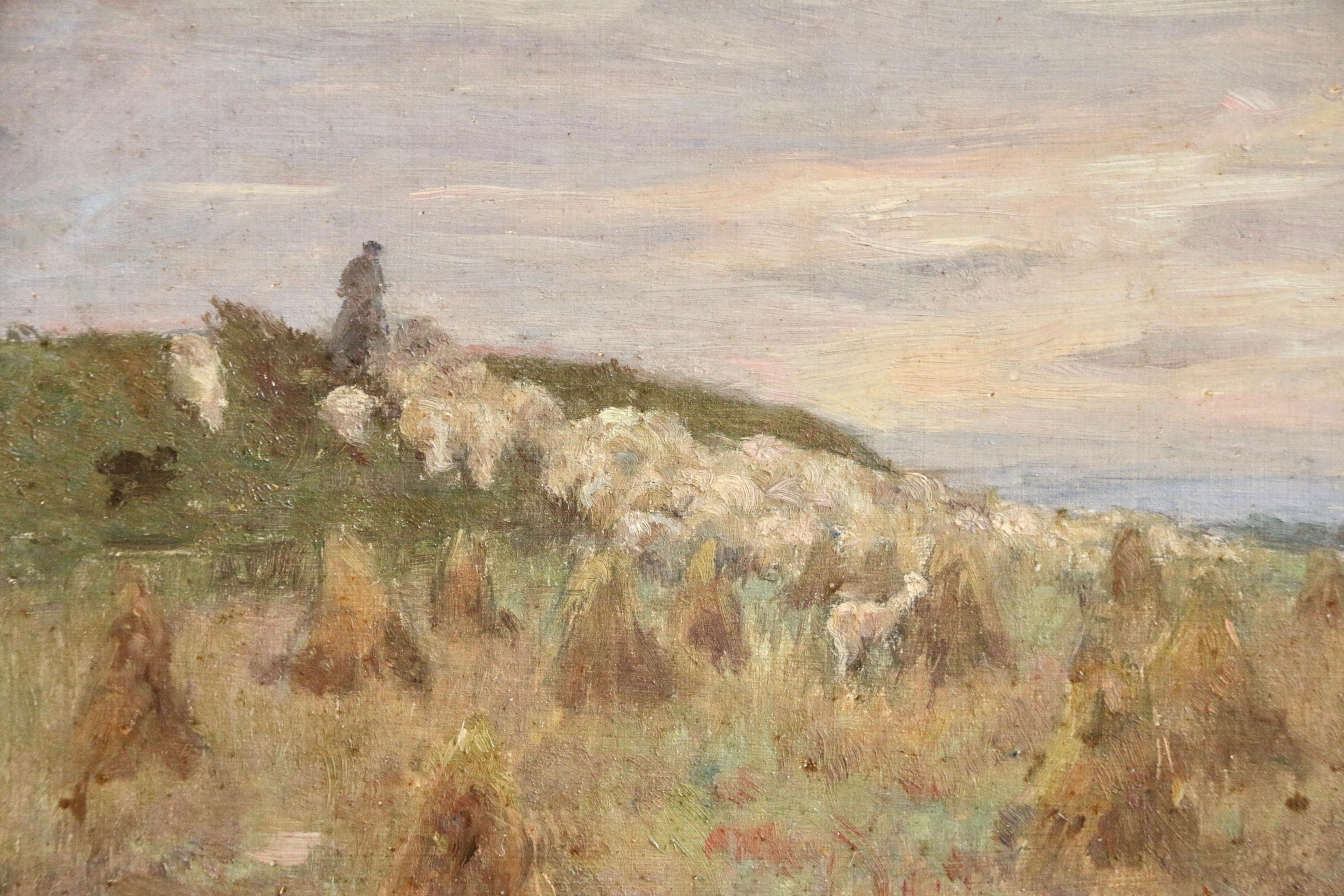 Shepherd at Sunset - 19th Century Oil, Sheep & Haystacks in Landscape by H Duhem – Painting von Henri Duhem