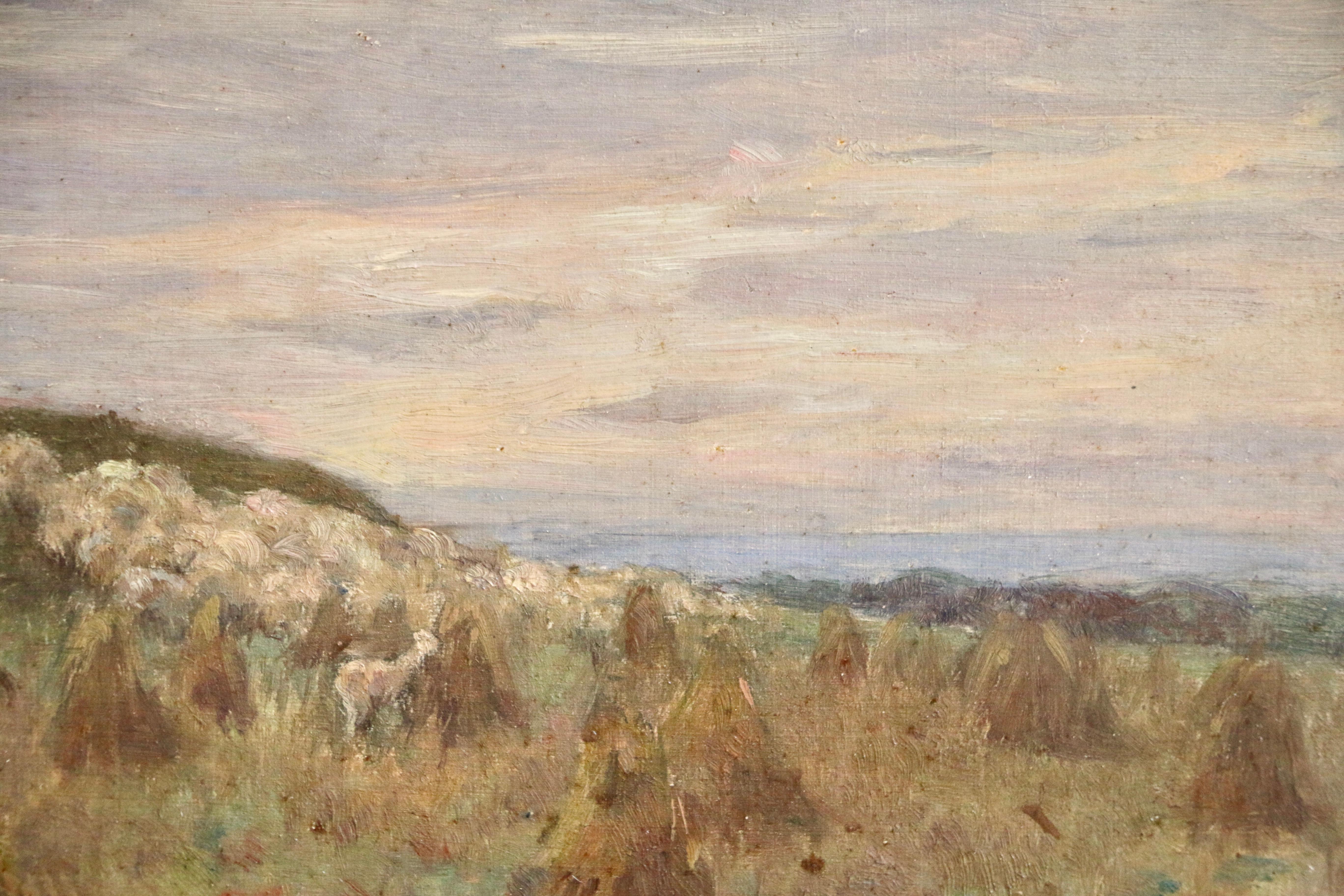 Shepherd at Sunset - 19th Century Oil, Sheep & Haystacks in Landscape by H Duhem (Impressionismus), Painting, von Henri Duhem