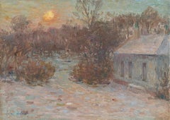 Soire d'Hiver - Huile du XIXe siècle, paysage de neige de soirée d'hiver par Henri Duhem