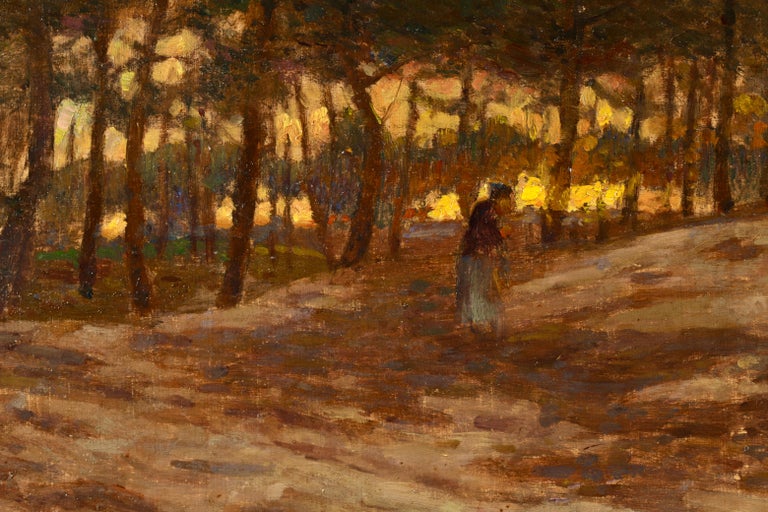Sunset in the Forest - Impressionist Oil, Figure in Landscape by Henri Duhem 2