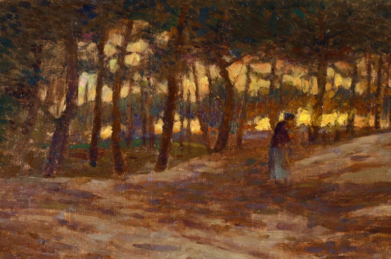 Sunset in the Forest - Impressionist Oil, Figure in Landscape by Henri Duhem 3