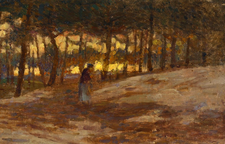 Sunset in the Forest - Impressionist Oil, Figure in Landscape by Henri Duhem 4