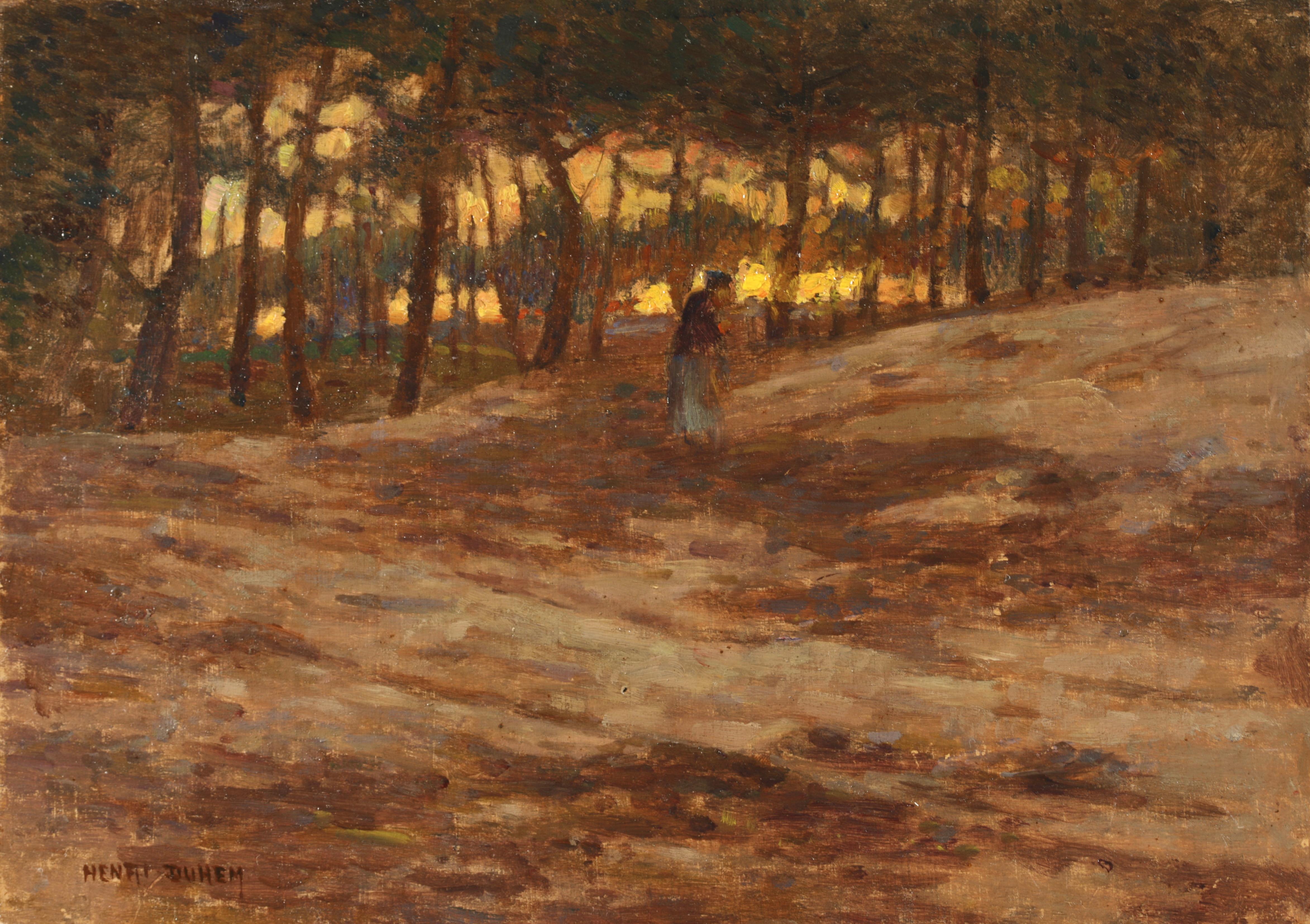 Impressionist signed and dated landscape oil on panel by French painter Henri Duhem. The work depicts a woman walking through a forest as the sun sets in oranges and yellows behind the trees. 

Signature:
Signed lower left and dated 1898