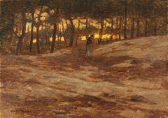 Huile impressionniste - Jeune coucher de soleil dans la forêt - Figure dans un paysage par Henri Duhem
