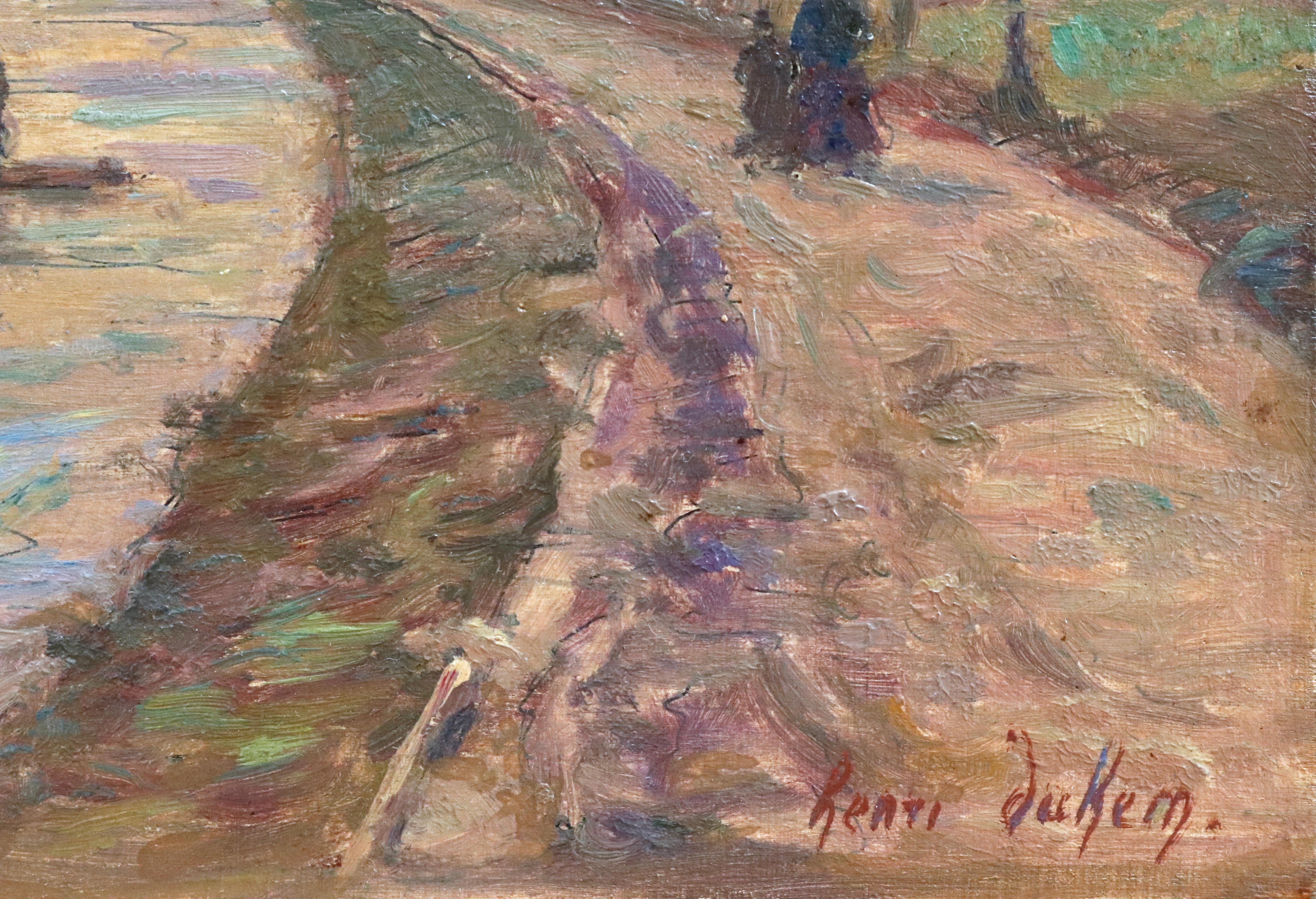 Un coucher de soleil au-dessus d'un canal - Douai - Huile du XIXe siècle, Figures dans un paysage par Duhem - Painting de Henri Duhem