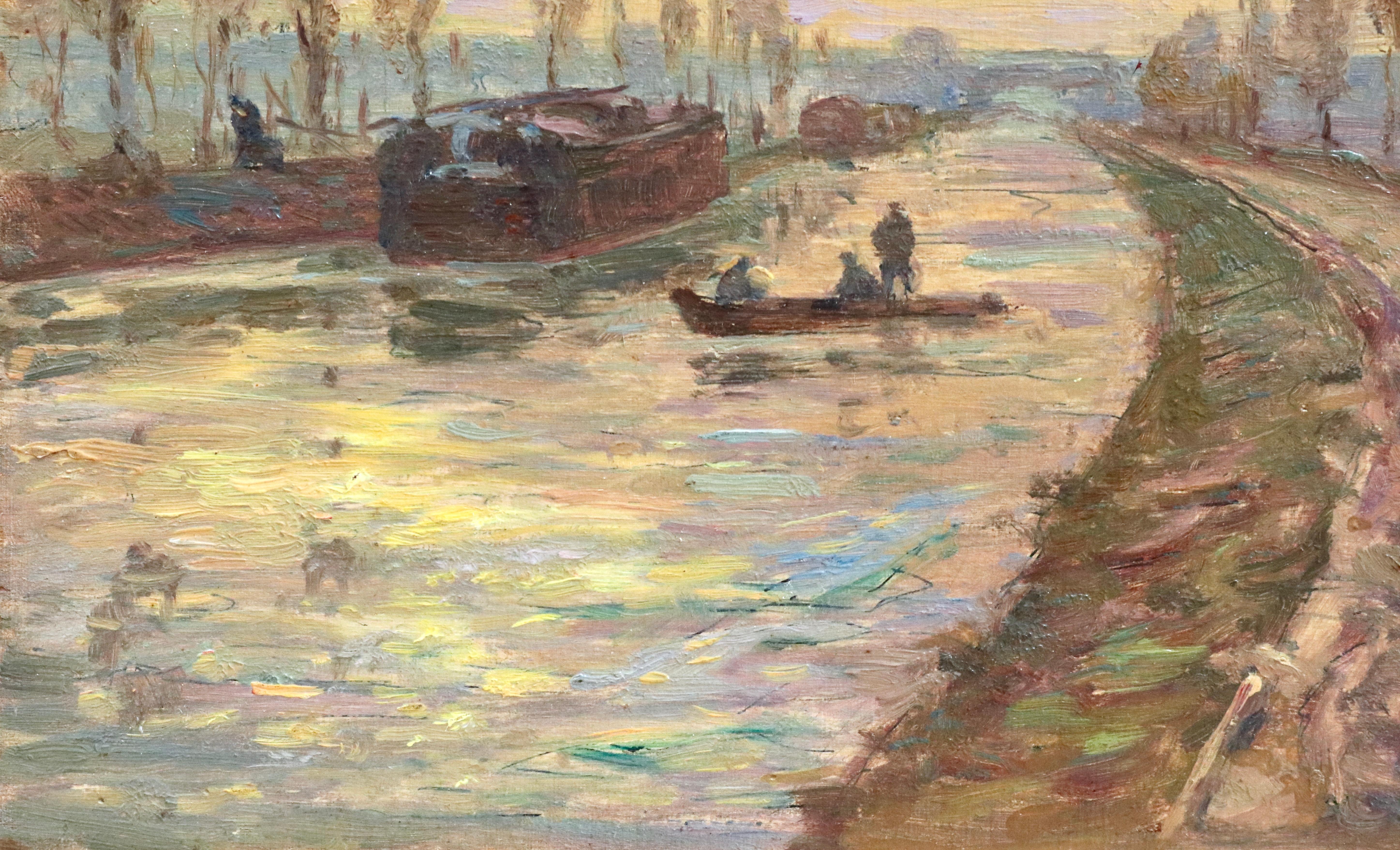 Sunset over the Canal - Douai - 19th Century Oil, Figures in Landscape by Duhem - Impressionist Painting by Henri Duhem