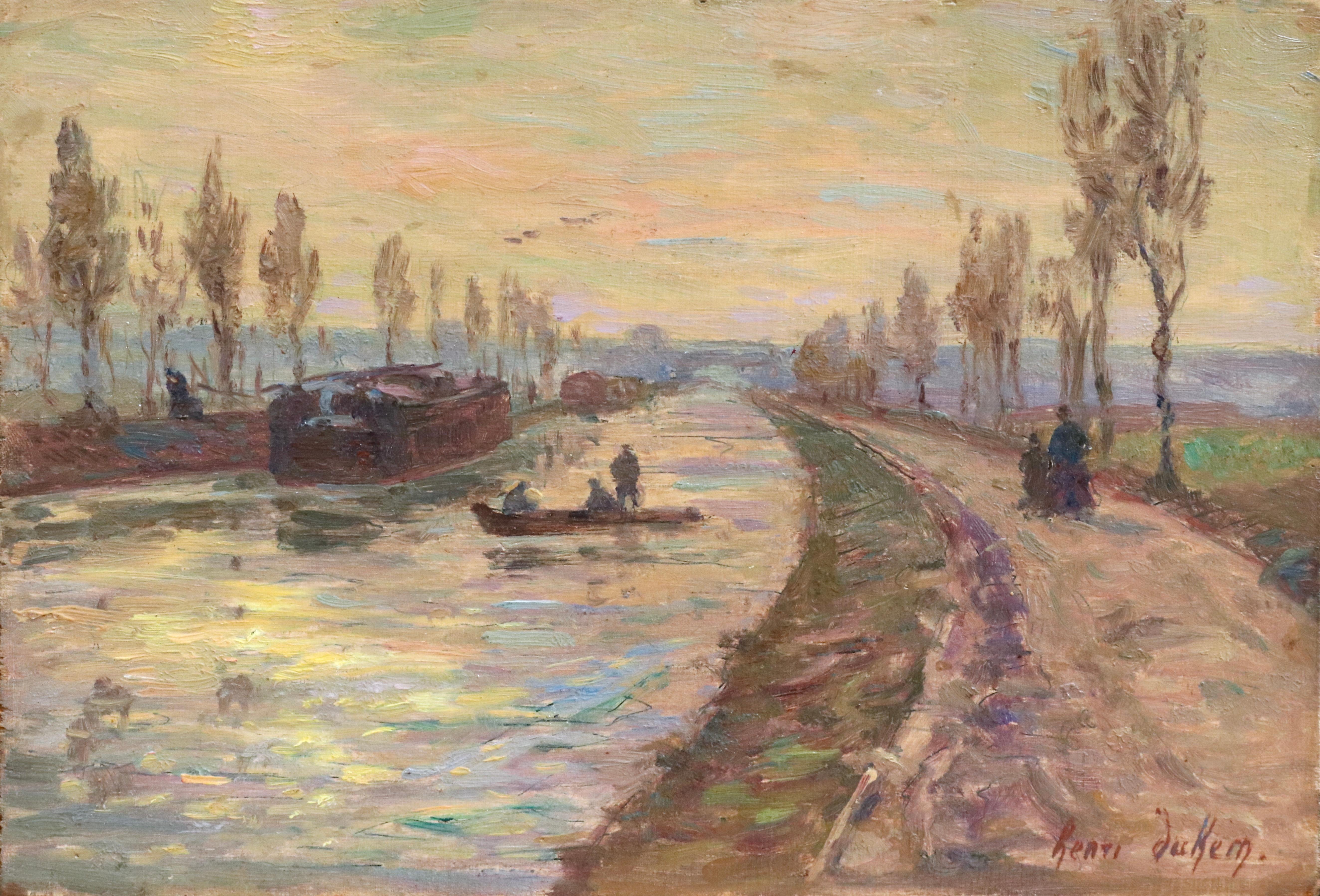 Sunset over the Canal - Douai - 19th Century Oil, Figures in Landscape by Duhem