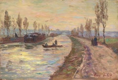 Sunset over the Canal - Douai - 19th Century Oil, Figures in Landscape by Duhem