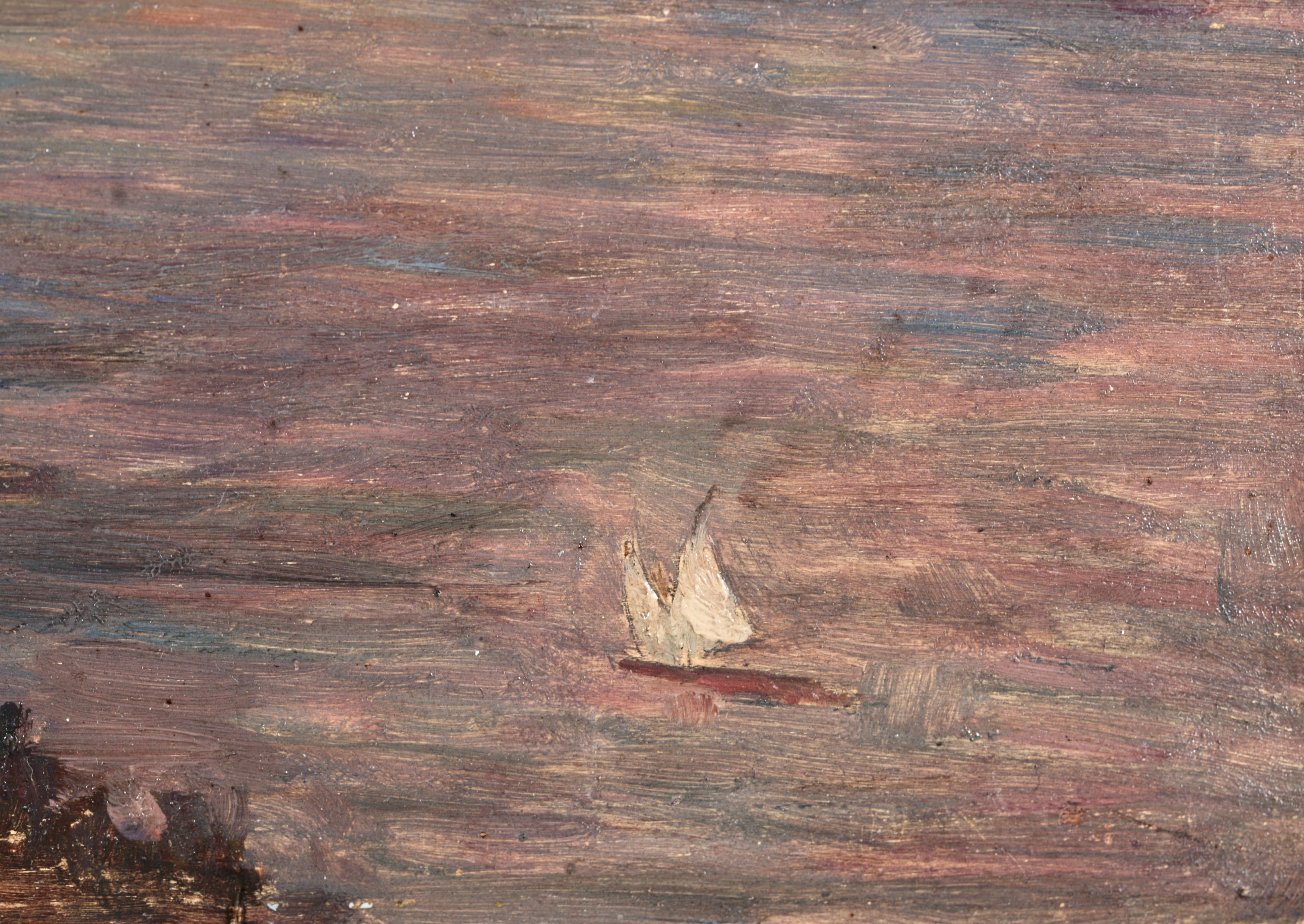 Sur le lac - Impressionist Oil, Boat on Lake in Landscape by Henri Duhem For Sale 1