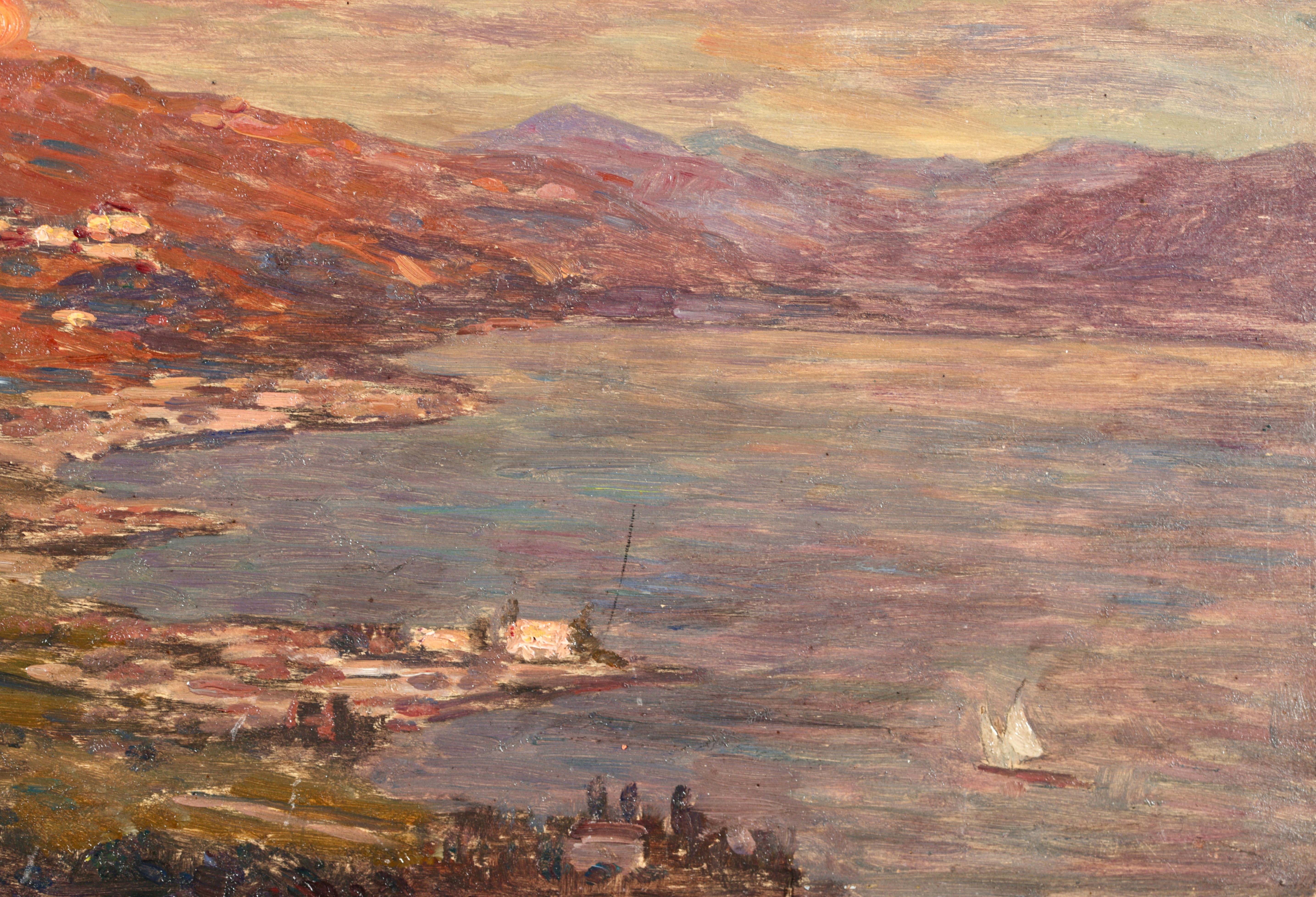 Sur le lac - Impressionist Oil, Boat on Lake in Landscape by Henri Duhem For Sale 2