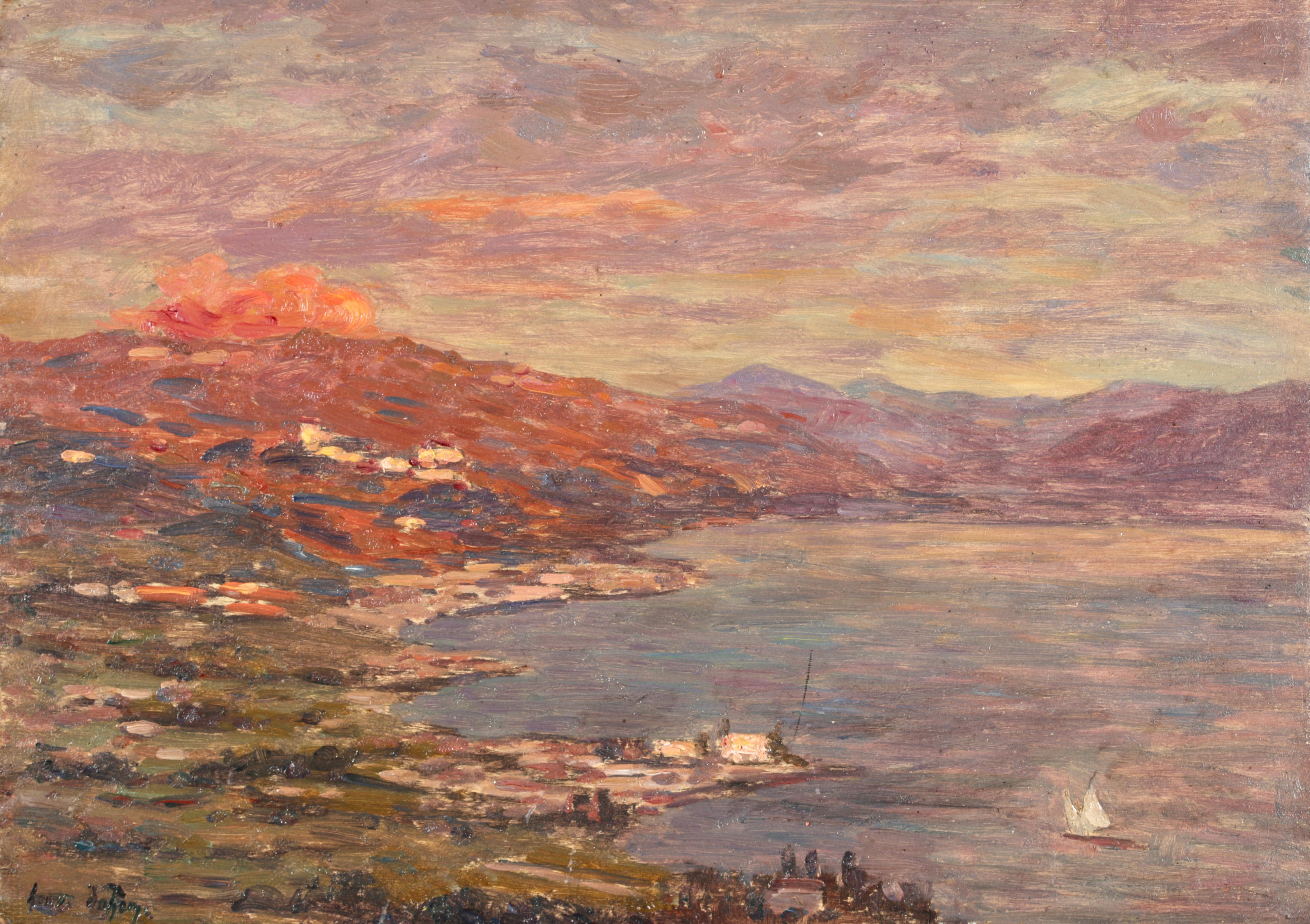 Signiert und datiert impressionistische Öl auf Panel Landschaft von Französisch Maler Henri Duhem. Das Werk zeigt den Blick auf ein Segelboot auf einem See an einem Sommertag mit den Bergen dahinter. Das ruhige Wasser ist in Blau- und Violetttönen