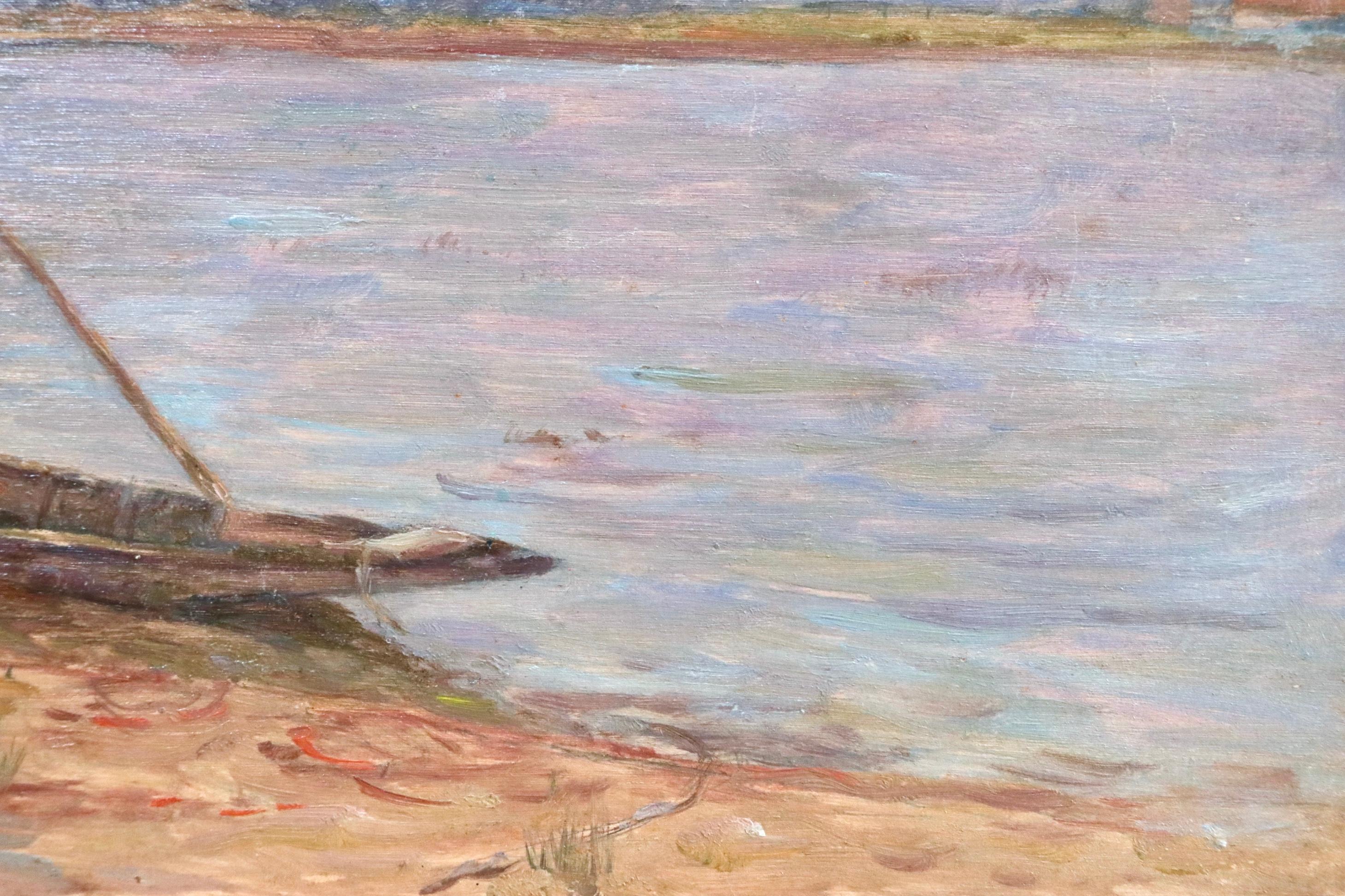 Sur l'etang á Nimes - 19th Century Oil, Boat on Pond Landscape by Henri Duhem For Sale 2