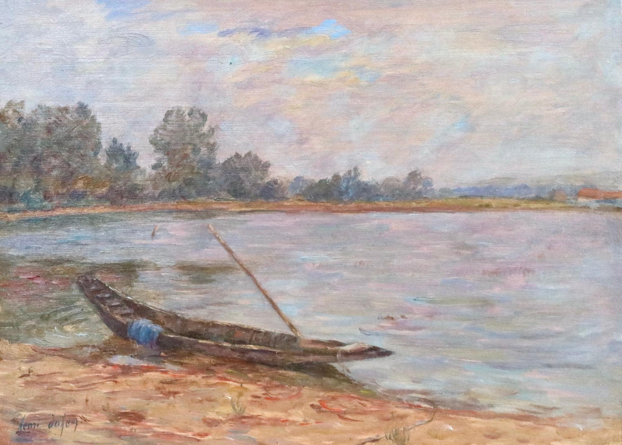 Sur l'etang á Nimes - 19th Century Oil, Boat on Pond Landscape by Henri Duhem