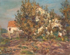Tending the Garden - 19th Century Oil, Figure by Cottage Landscape - Henri Duhem