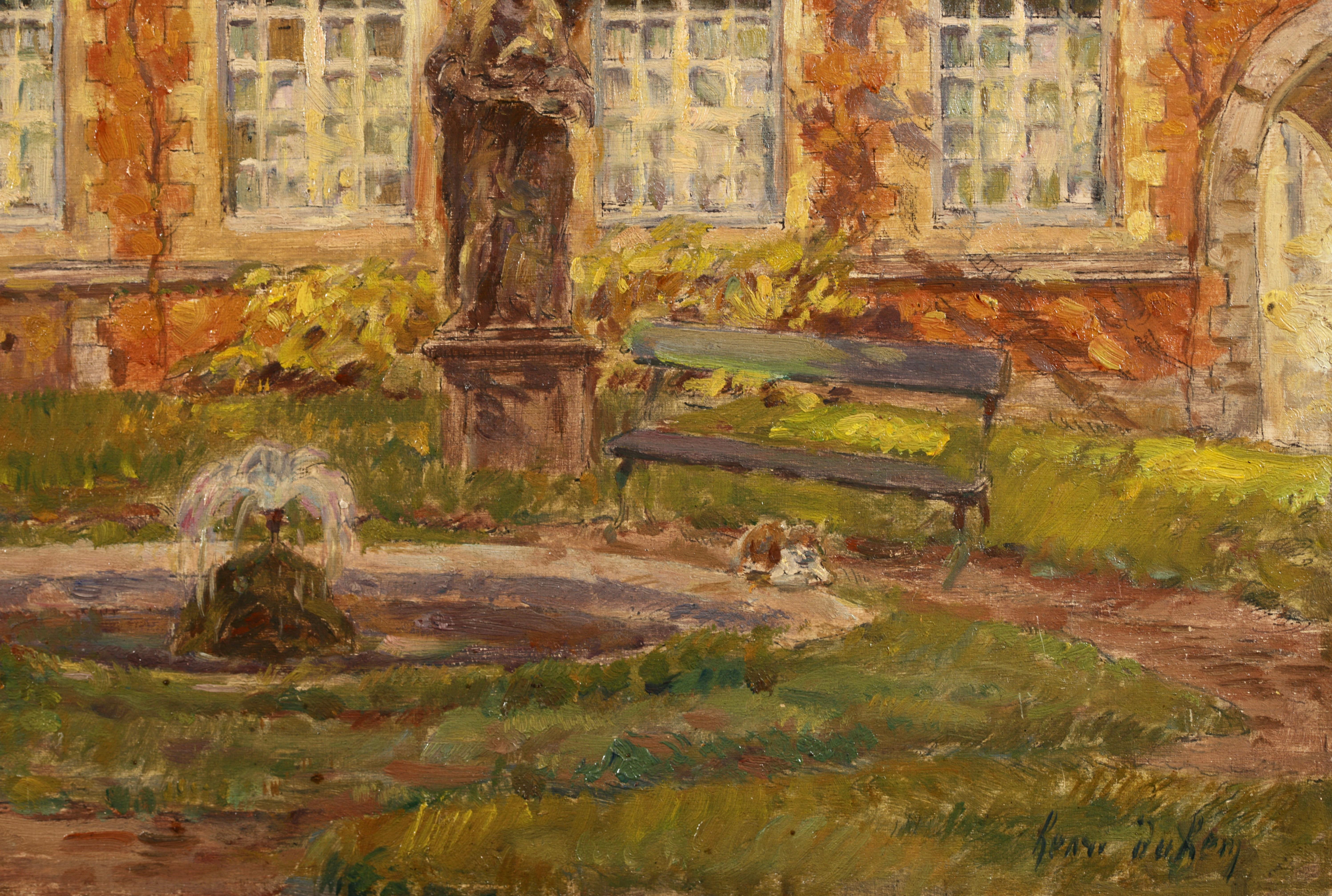 Signed and dated impressionist oil on panel by French painter Henri Duhem. The work depicts a the artist's garden. A statue stands beside a water fountain while a cat rests in the shade on the grass beside a garden bench. The large white sash