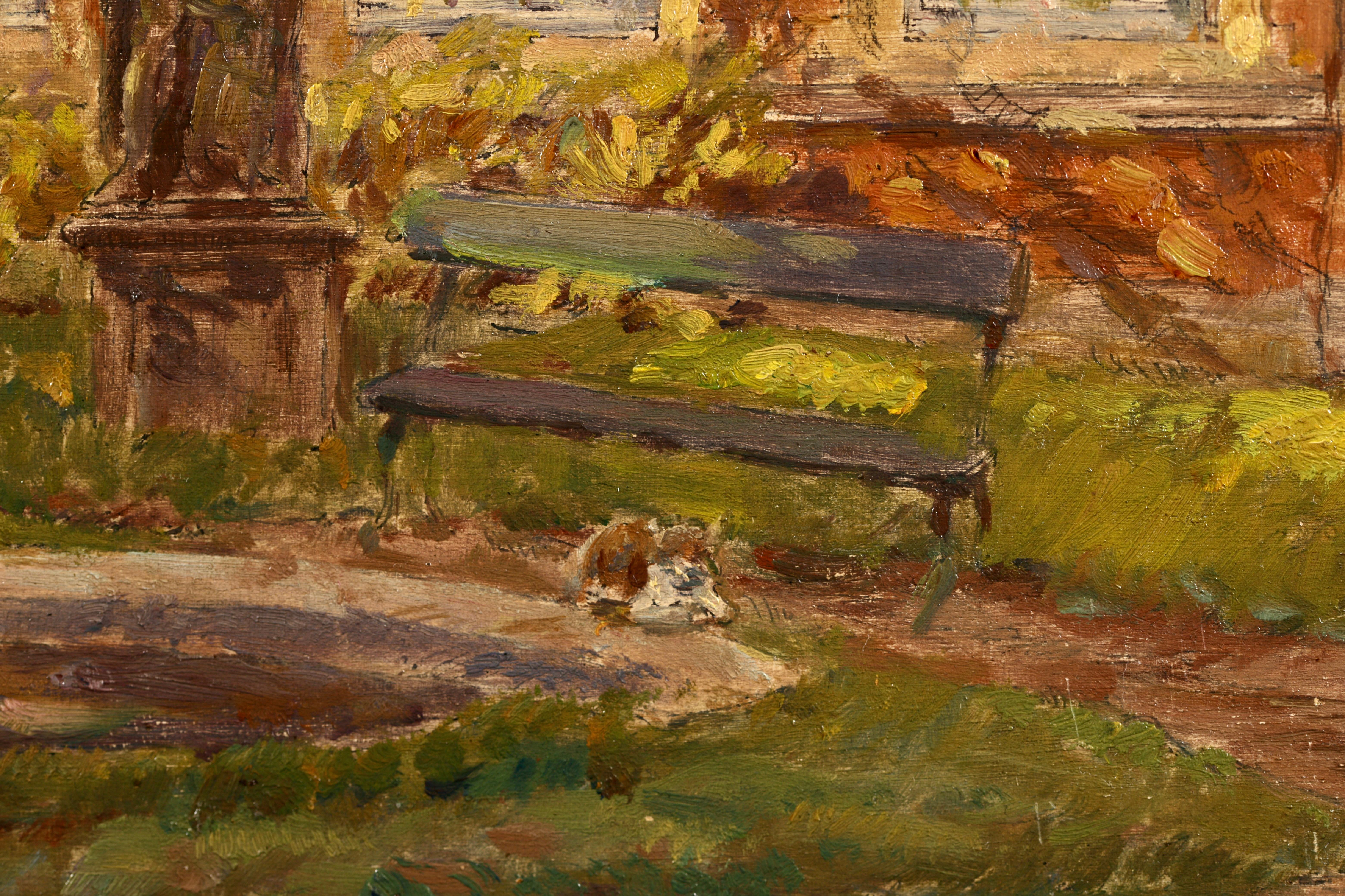 The Artist's Garden - Impressionist Oil, Cat in Garden Landscape by Henri Duhem For Sale 3