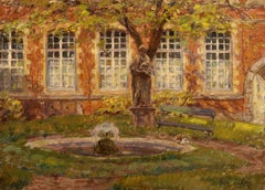 The Artist's Garden - Impressionist Oil, Cat in Garden Landscape by Henri Duhem