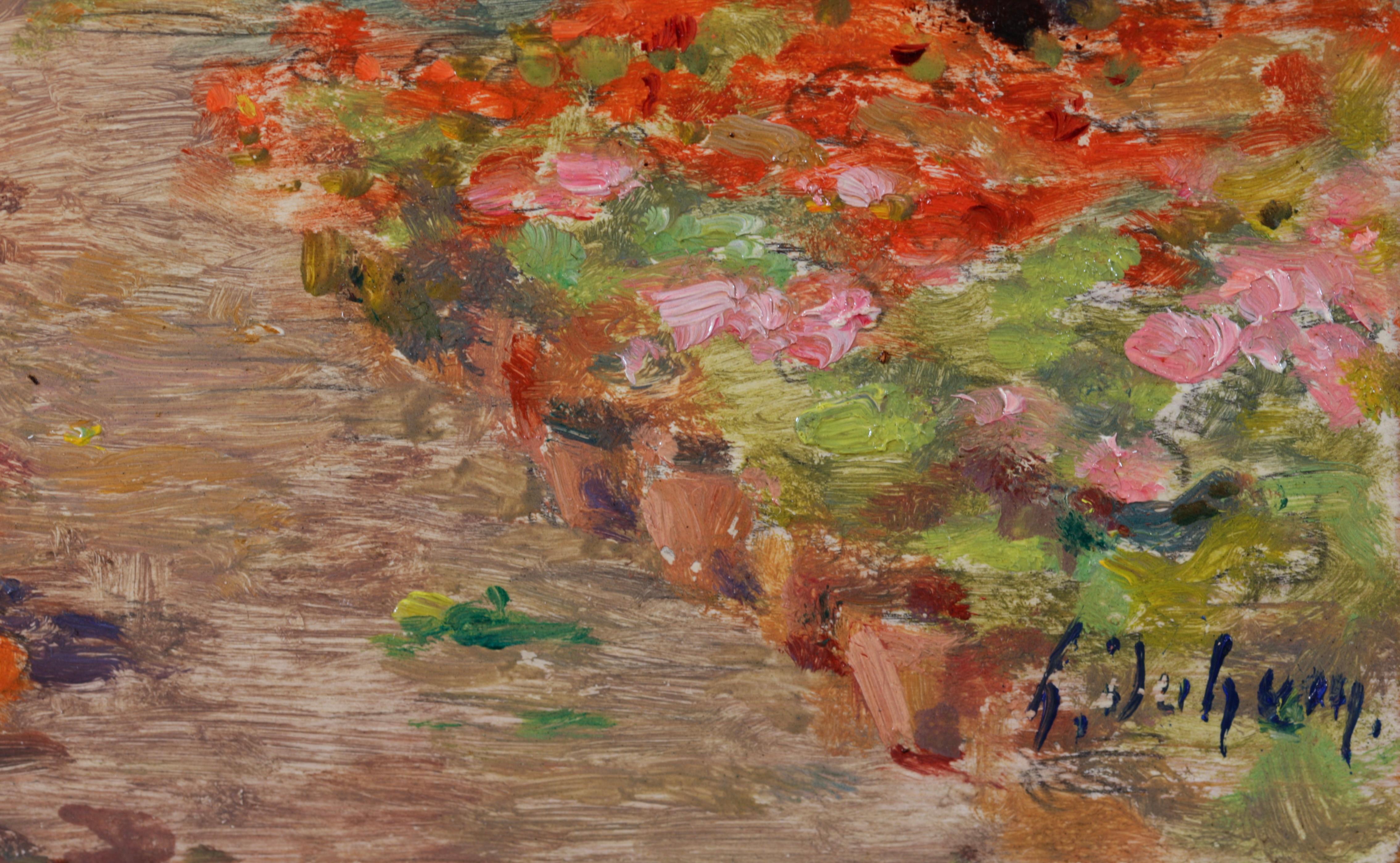 The Artist's Garden - Impressionistisches Ölgemälde, Blumen in Landschaft von Henri Duhem im Angebot 1