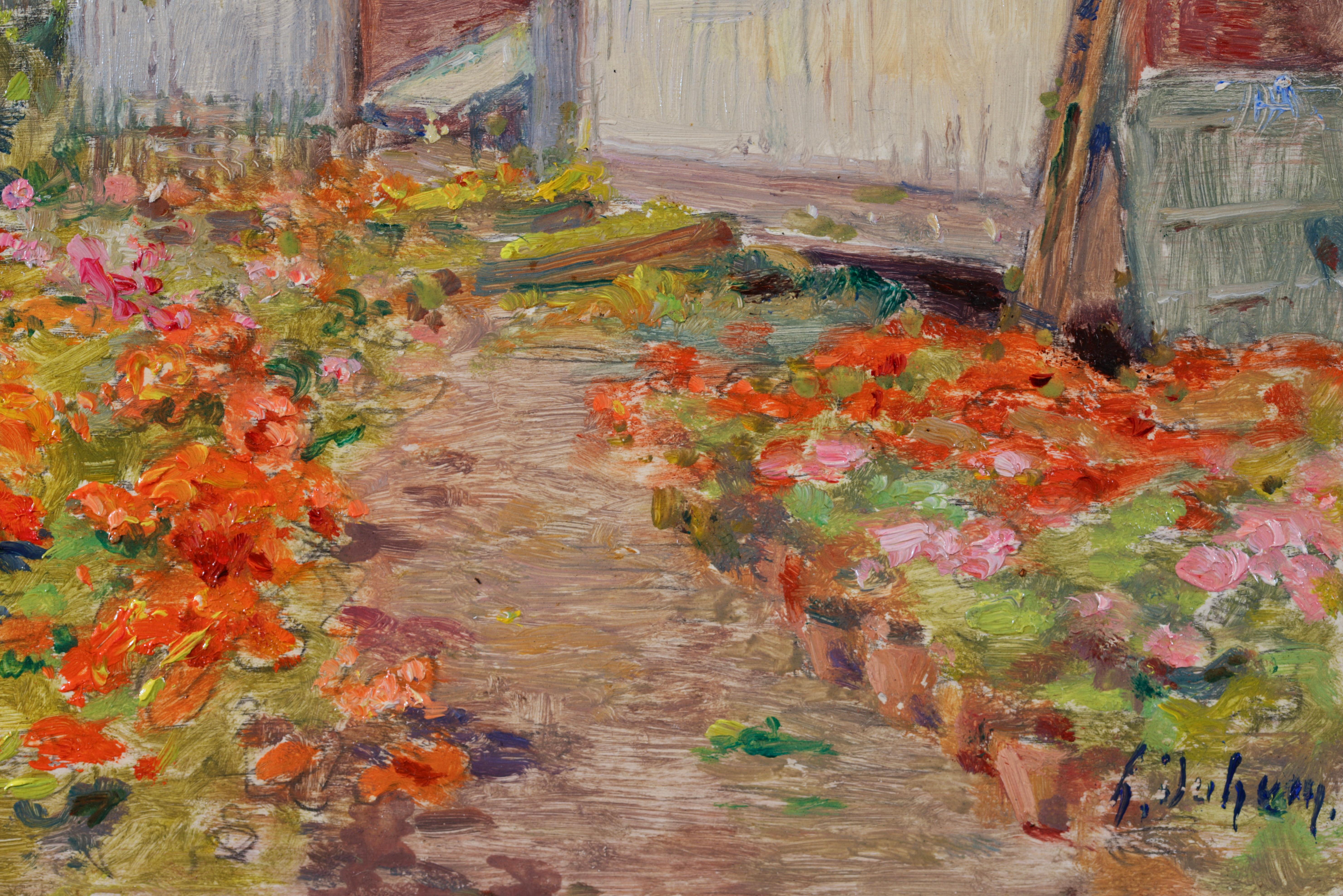 The Artist's Garden - Impressionistisches Ölgemälde, Blumen in Landschaft von Henri Duhem im Angebot 2