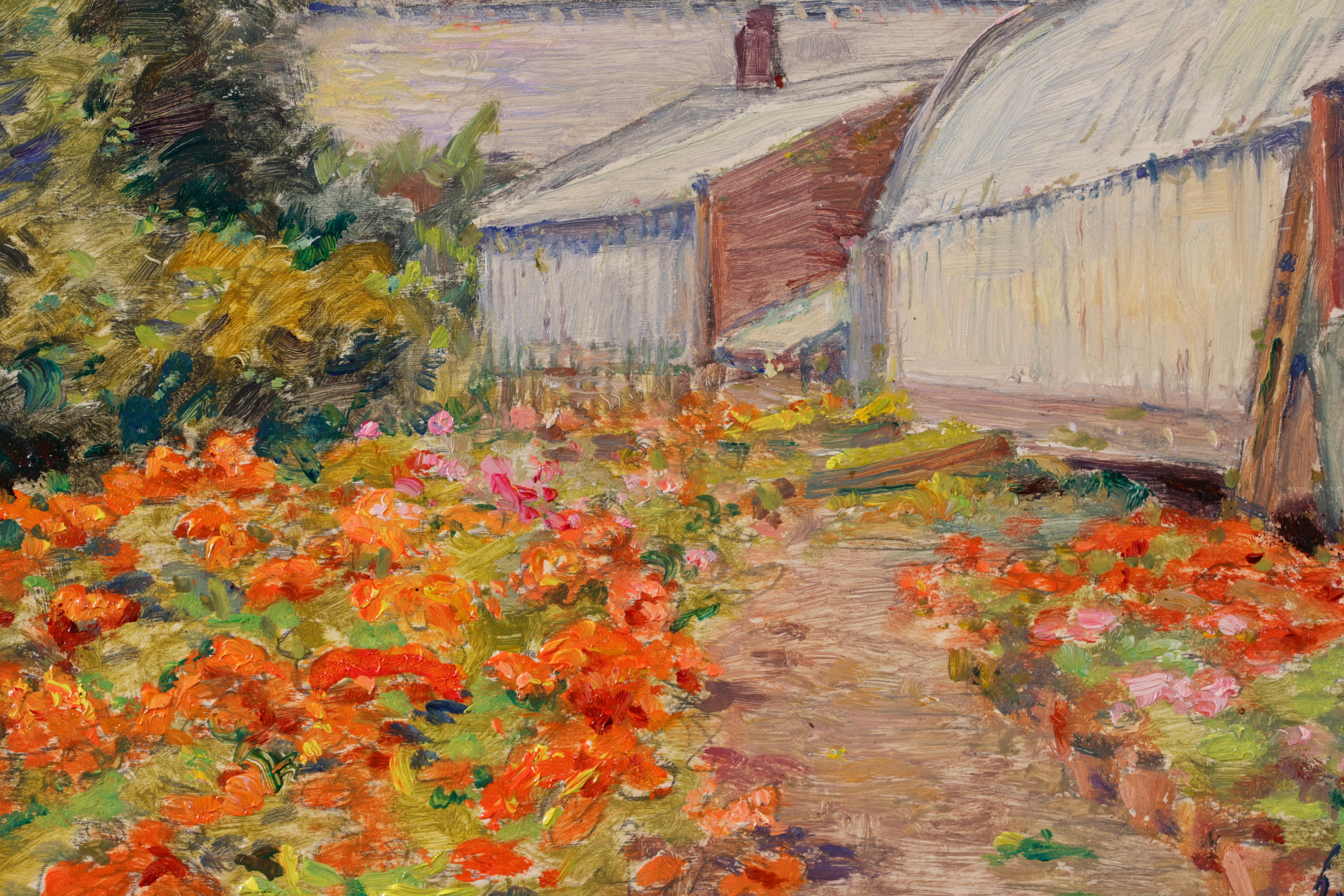 The Artist's Garden - Impressionistisches Ölgemälde, Blumen in Landschaft von Henri Duhem im Angebot 6