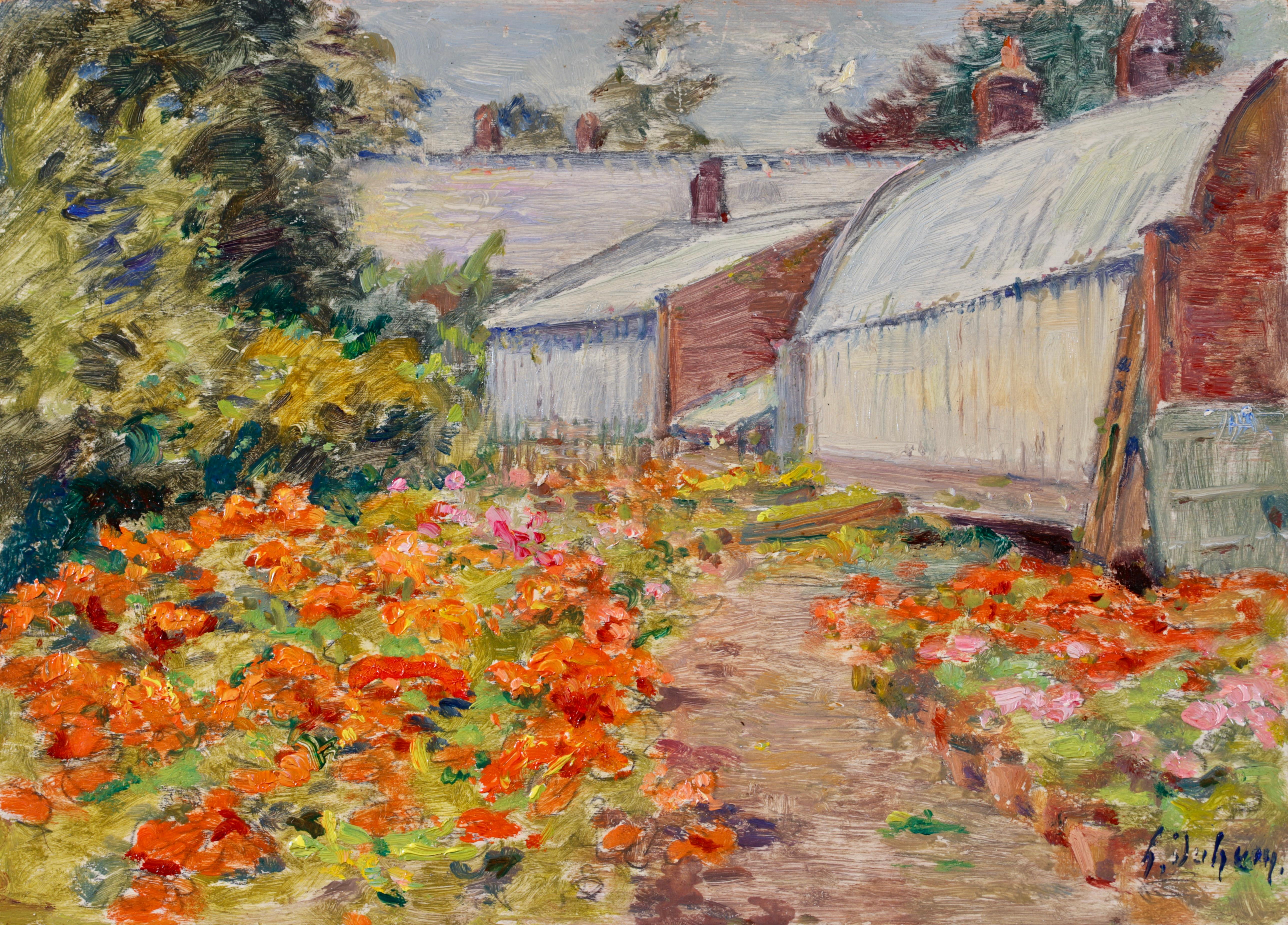 Signiert und datiert Landschaft Öl auf Platte von Französisch impressionistischen Maler Henri Duhem. Das Gemälde zeigt eine Ansicht des Blumengartens des Künstlers, der mit orangefarbenen, roten und rosa Blüten gefüllt ist. Ein Weg führt zu den