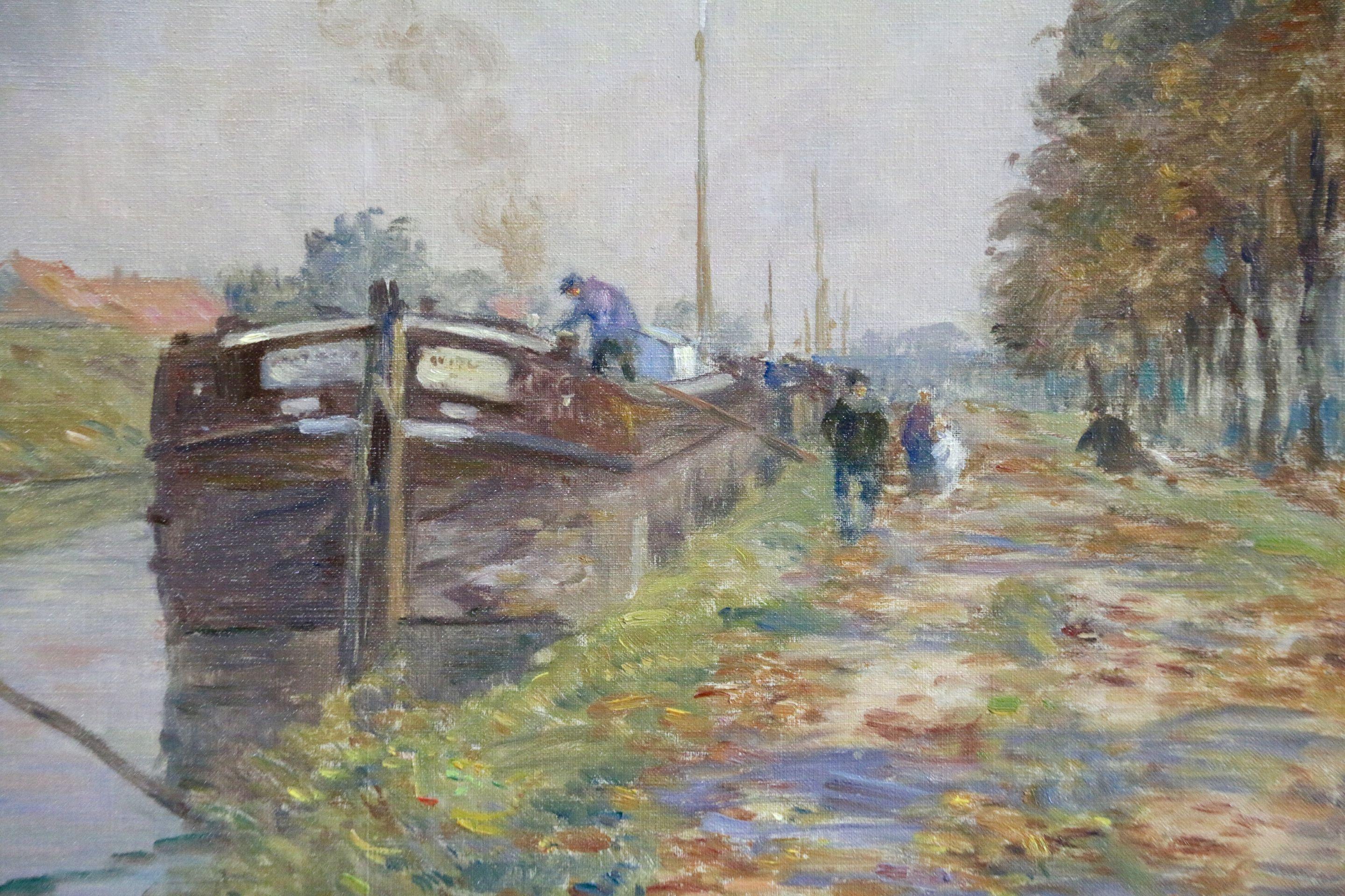 Der Kanal in Douai - Landschaft des 19. Jahrhunderts, Flusslandschaft mit Booten von Henri Duhem im Angebot 1