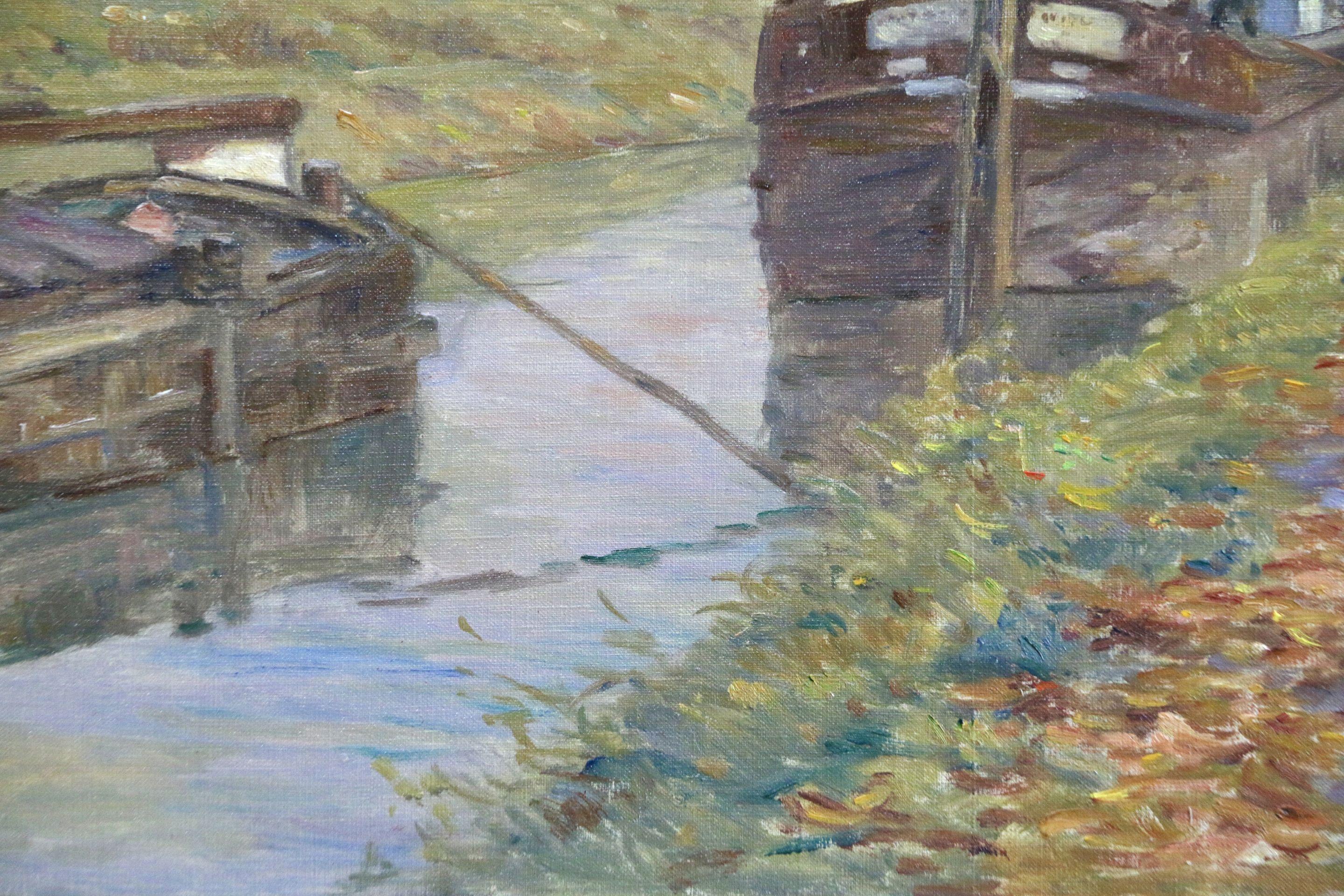 Der Kanal in Douai - Landschaft des 19. Jahrhunderts, Flusslandschaft mit Booten von Henri Duhem im Angebot 2