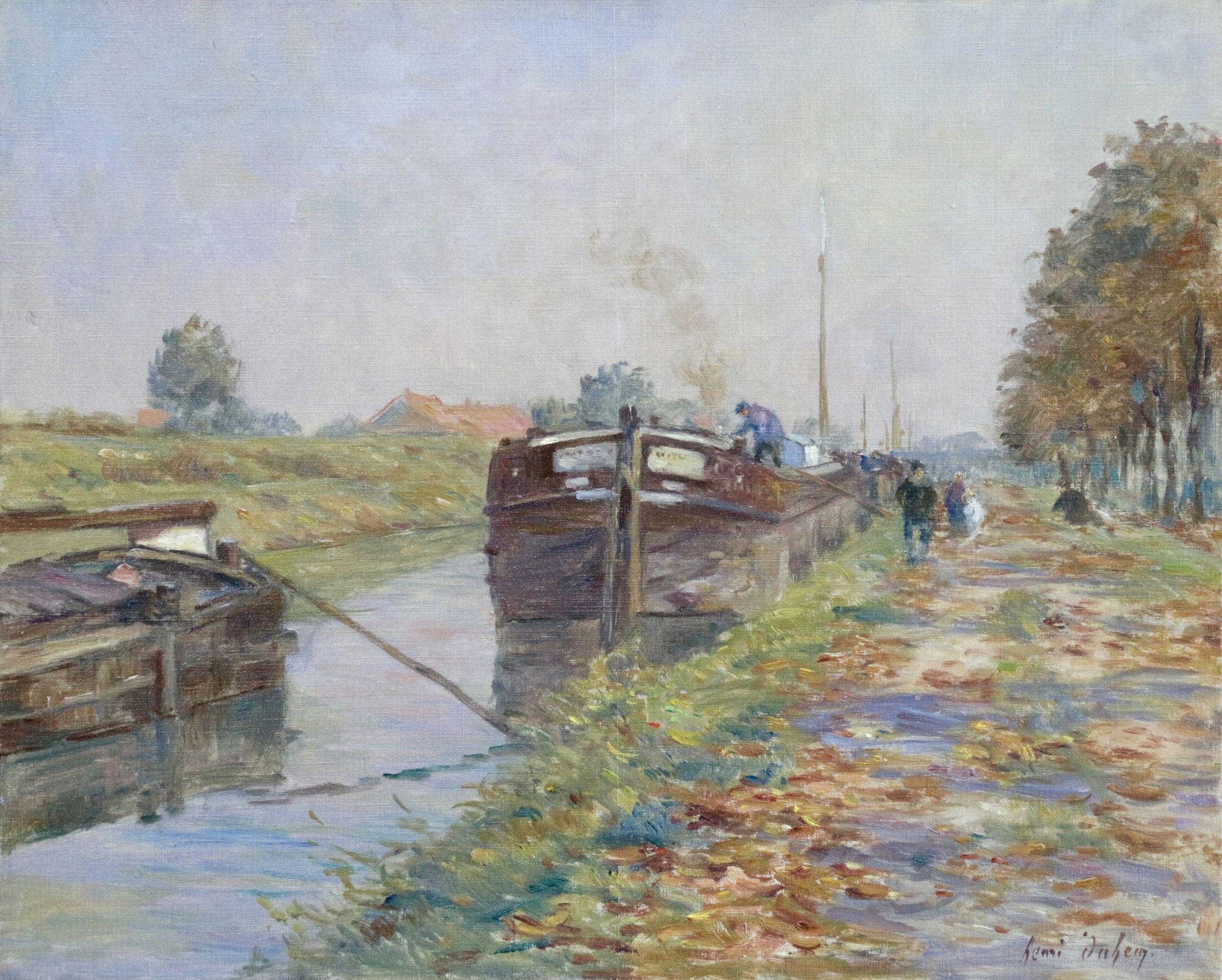 The Canal at Douai - 19th Century Landscape Riverscape with Boats by Henri Duhem