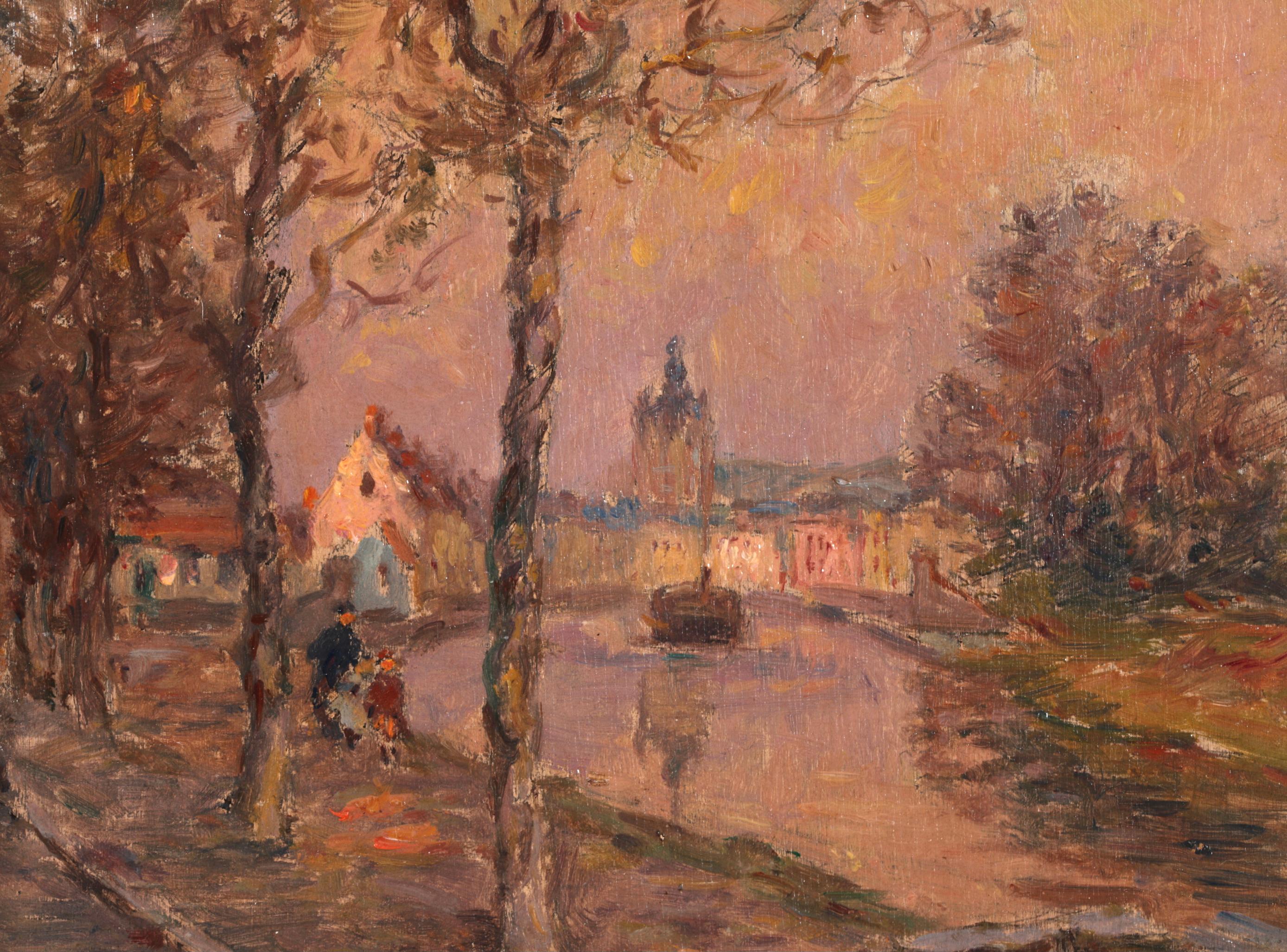 Le canal de Douai - Peinture à l'huile impressionniste de paysage d'Henri Duhem en vente 3