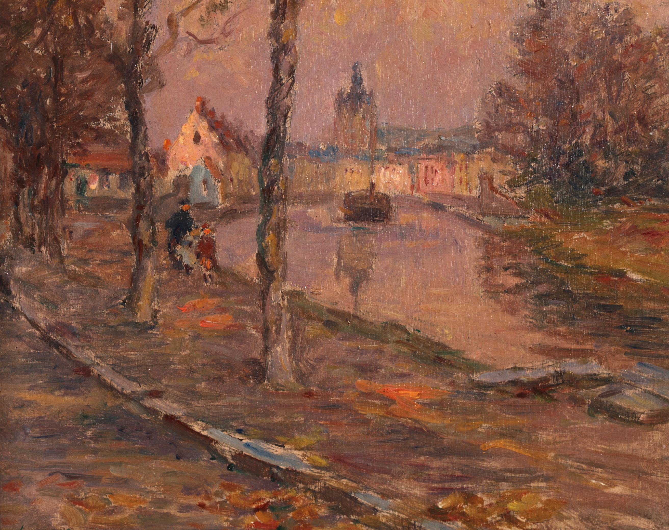 Le canal de Douai - Peinture à l'huile impressionniste de paysage d'Henri Duhem en vente 4