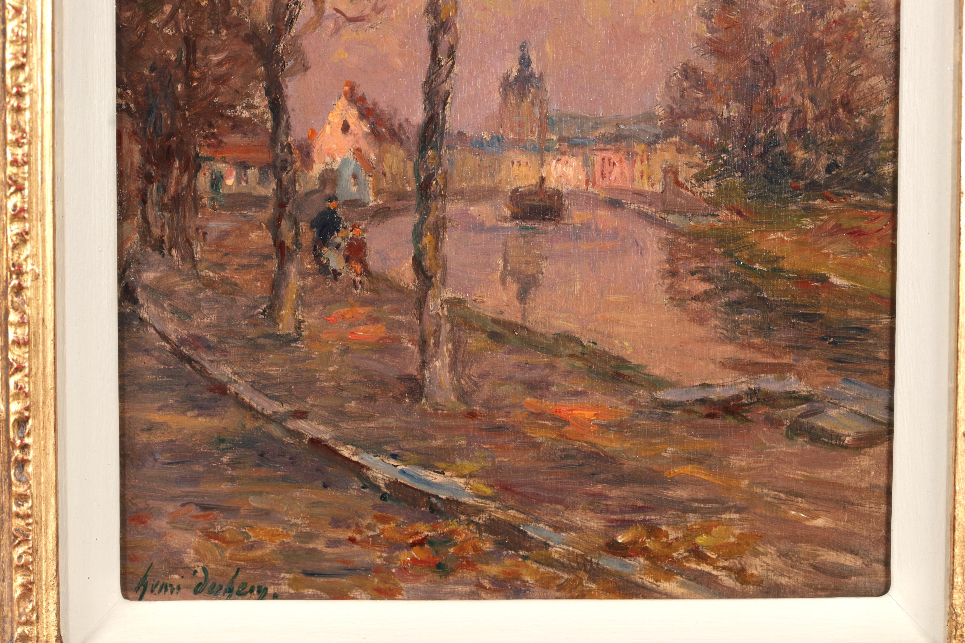 Le canal de Douai - Peinture à l'huile impressionniste de paysage d'Henri Duhem en vente 5