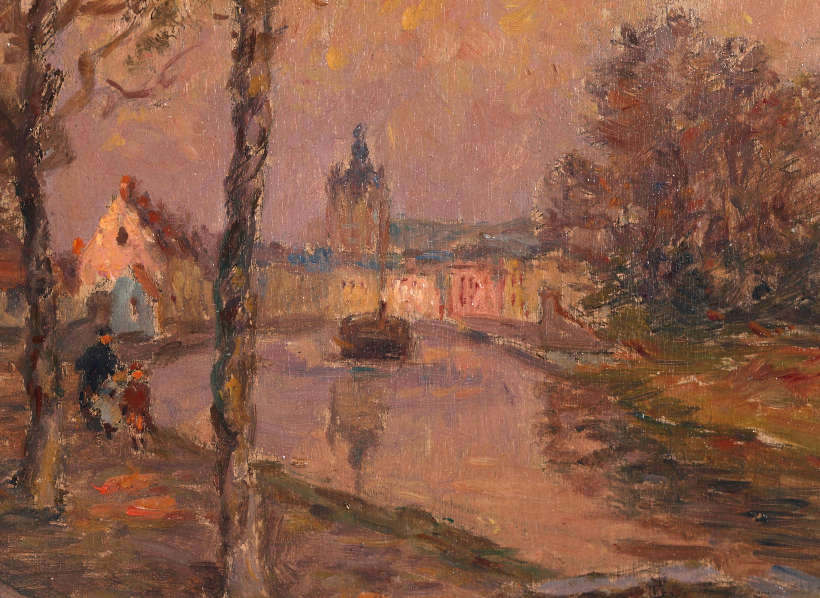 Le canal de Douai - Peinture à l'huile impressionniste de paysage d'Henri Duhem en vente 7