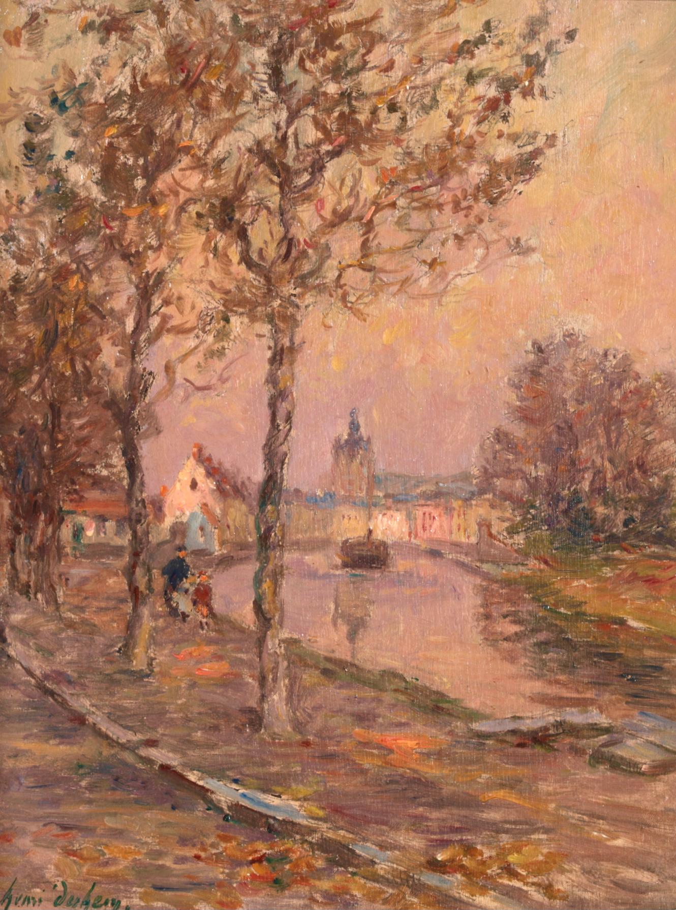 Huile sur panneau signée du peintre impressionniste français Henri Duhem représentant un paysage automnal. Deux personnages se trouvent au bord du canal, sous des arbres presque dénudés, tandis qu'une péniche passe et que le soleil commence à se