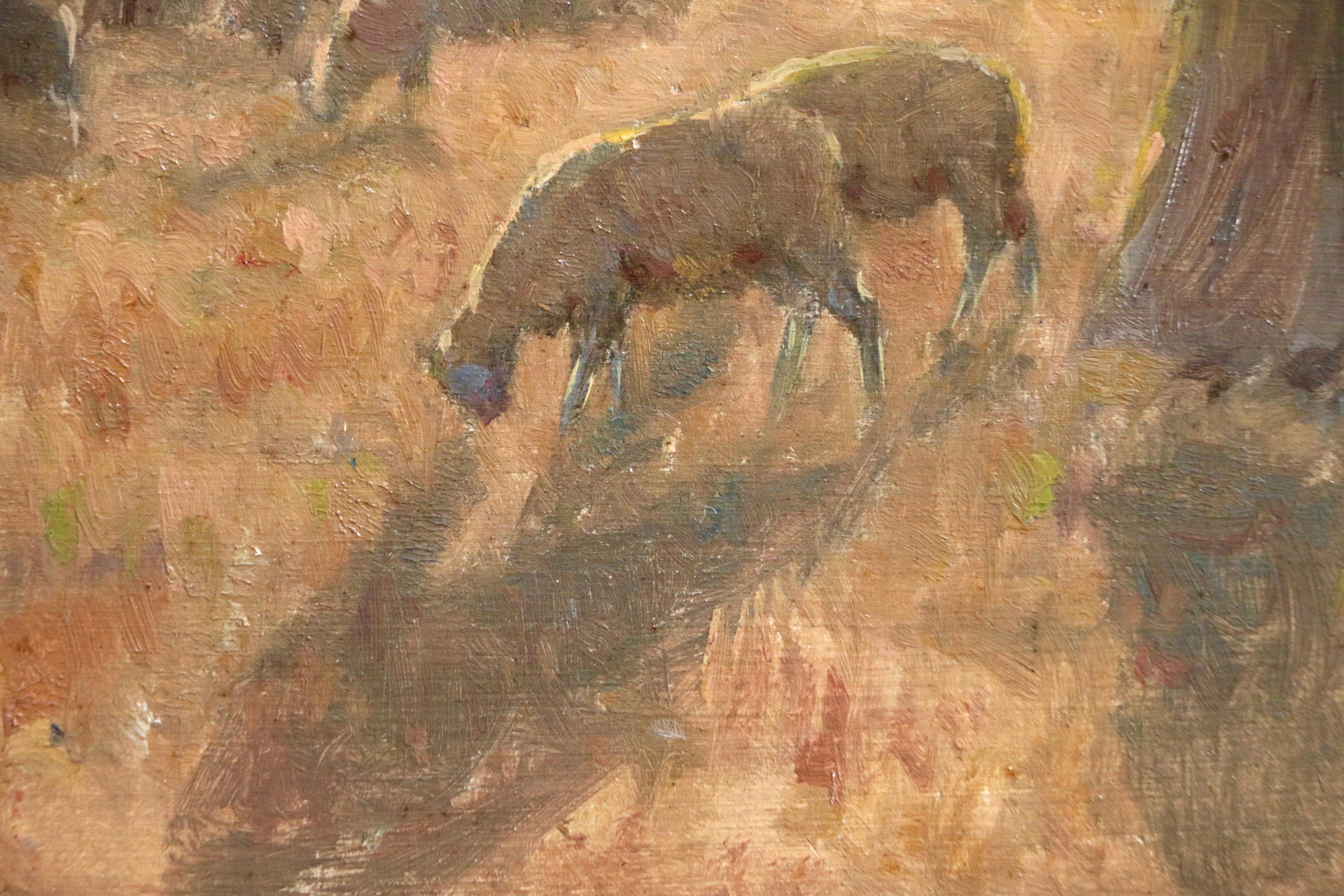 Le berger - Huile du XIXe siècle:: paysage de berger et de moutons au coucher du soleil par H Duhem - Painting de Henri Duhem
