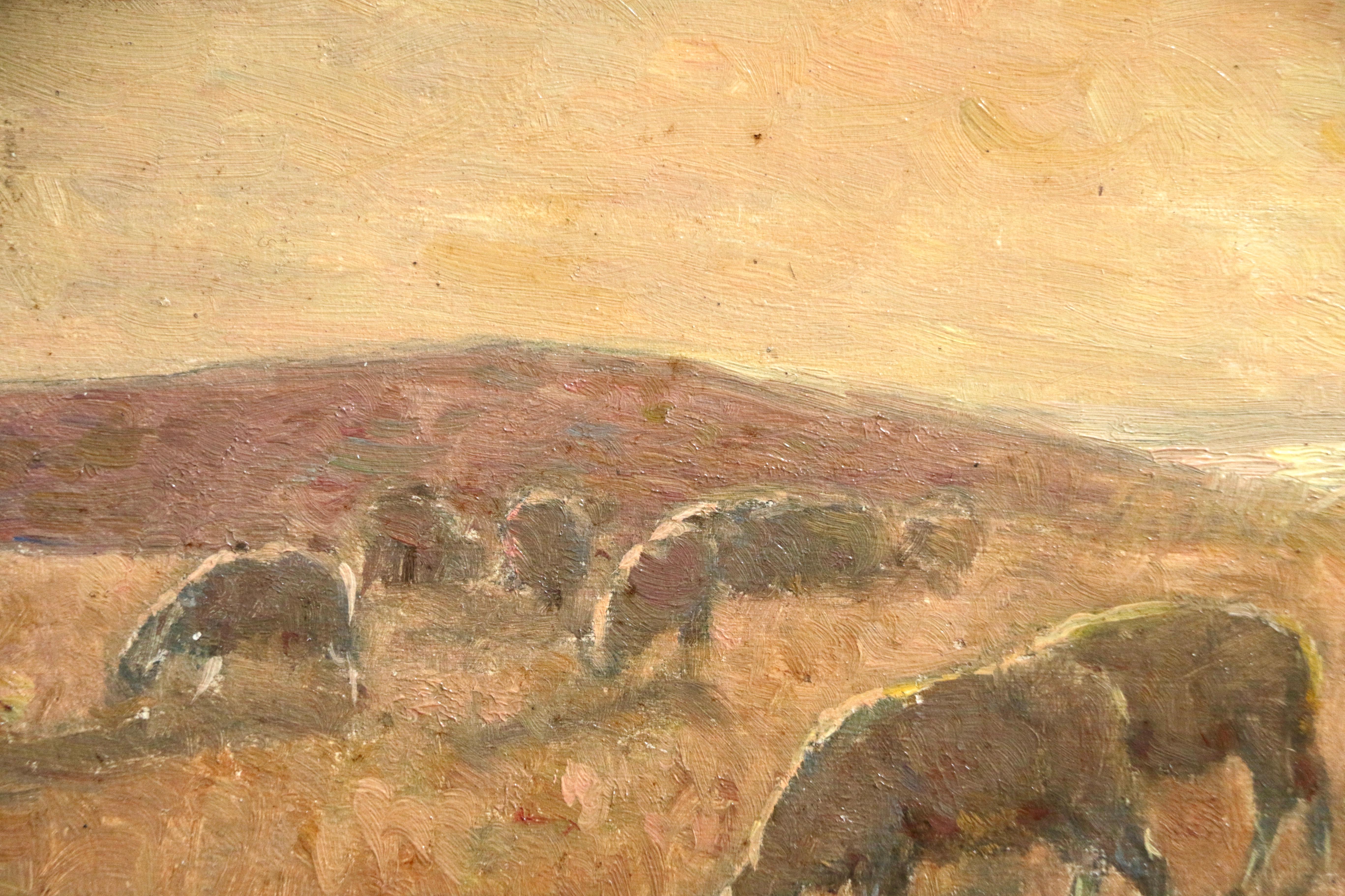 Le berger - Huile du XIXe siècle:: paysage de berger et de moutons au coucher du soleil par H Duhem - Impressionnisme Painting par Henri Duhem