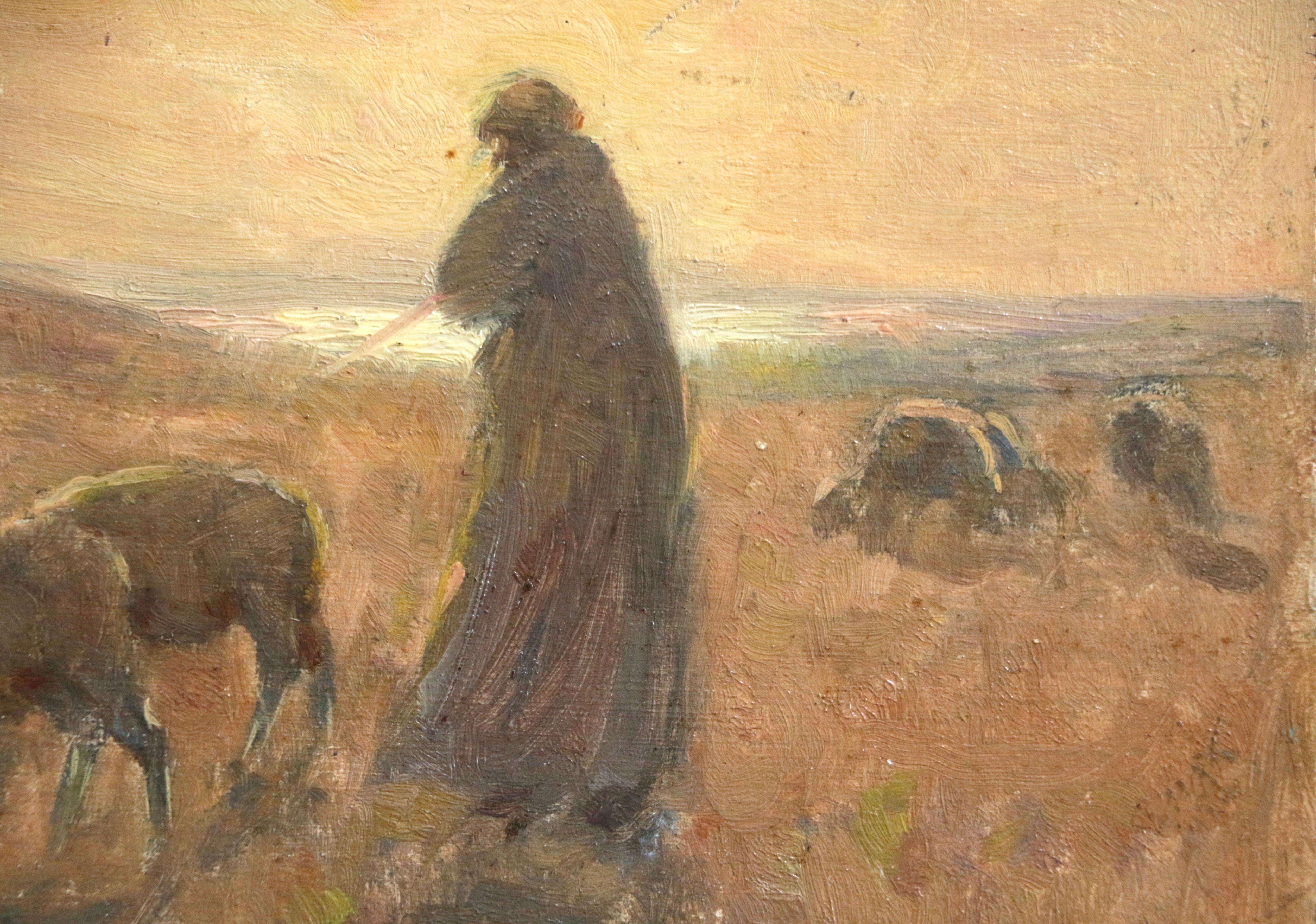 Le berger - Huile du XIXe siècle:: paysage de berger et de moutons au coucher du soleil par H Duhem - Marron Animal Painting par Henri Duhem