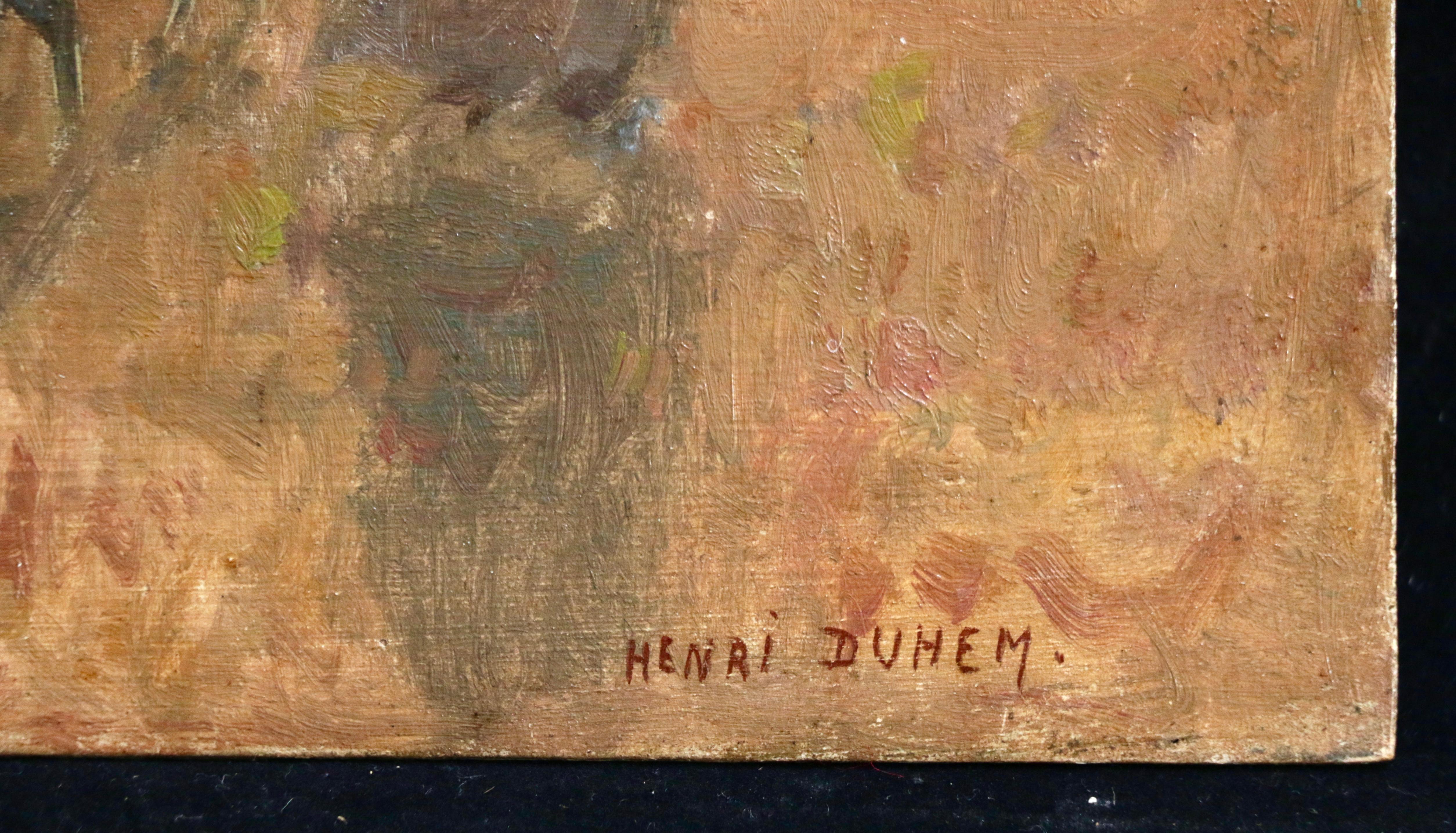 Huile sur panneau d'une huile exquisement animée d'Henri Duhem représentant un berger dans un champ doré avec son horloge. De belles nuances de lumière et de couleurs brillantes. Signé en bas à droite et daté de 1901 au verso. Cette peinture n'est