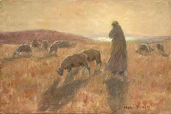 The Shepherd - 19th Century Oil, Shepherd & Sheep Landscape at Sunset by H Duhem