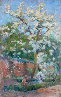 Under the Blossom Tree - 19th Century Oil, Figure in Spring Landscape by H Duhem