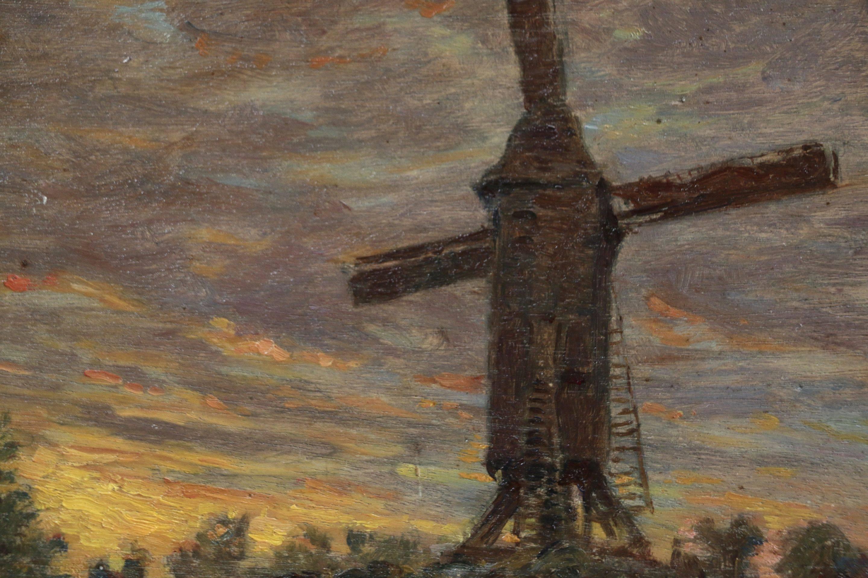 Windmill at Sunset - Brown Landscape Painting by Henri Duhem
