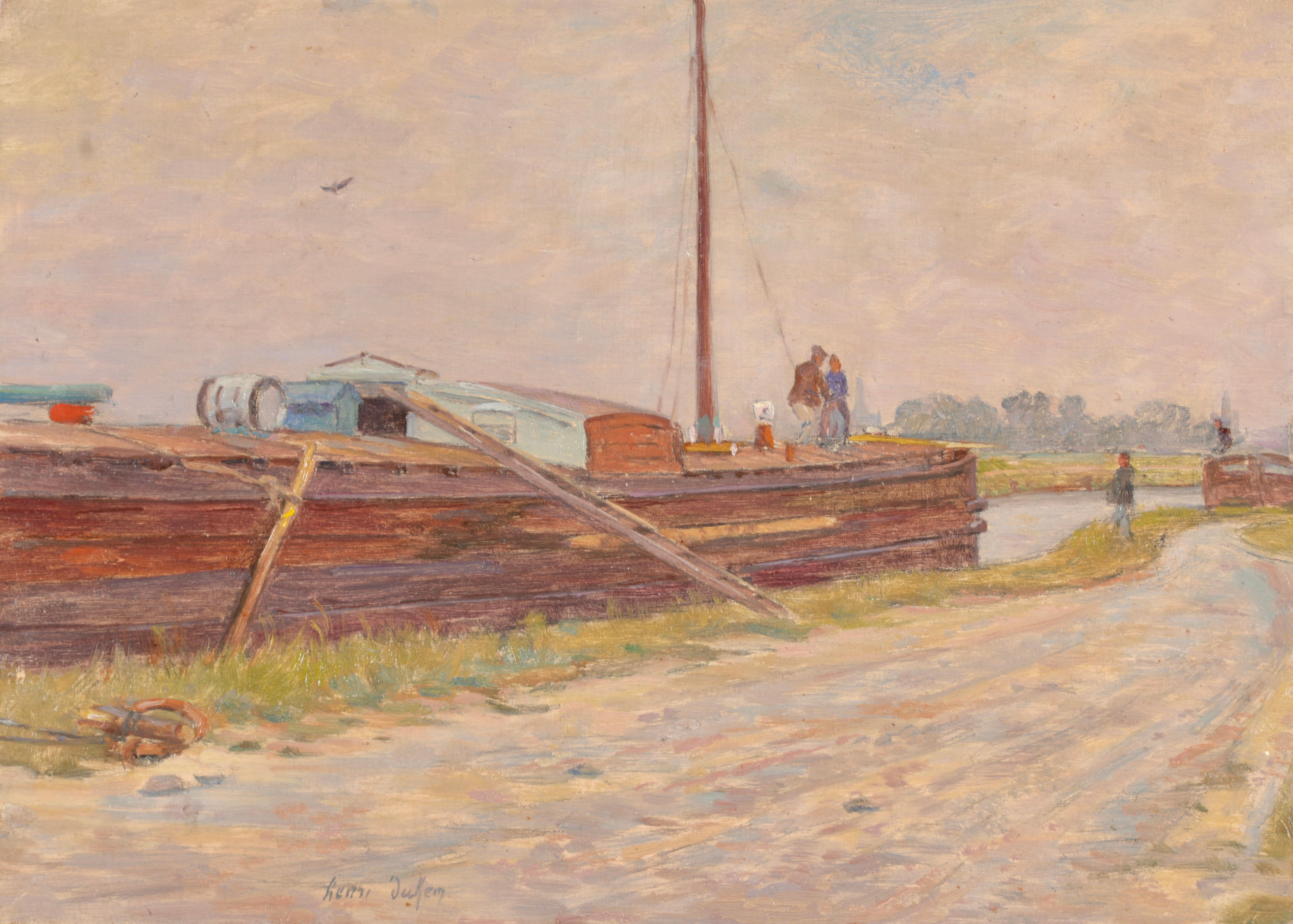Signed and dated 1908 oil on panel by French impressionist painter Henri Duhem. The work depicts boats moored on the side of a canal in winter. 

Signature:
Signed lower centre-left and dated 1908 verso 

Dimensions:
Unframed: 9.5"x13"
This painting