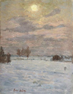 "Winter Sunset" Duhem C.19th French Impressionist Sunset Snow Winter Landscape