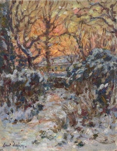 Coucher de soleil d'hiver - Le jardin de l'artiste - Huile du 19e siècle, Paysage de neige par Duhem